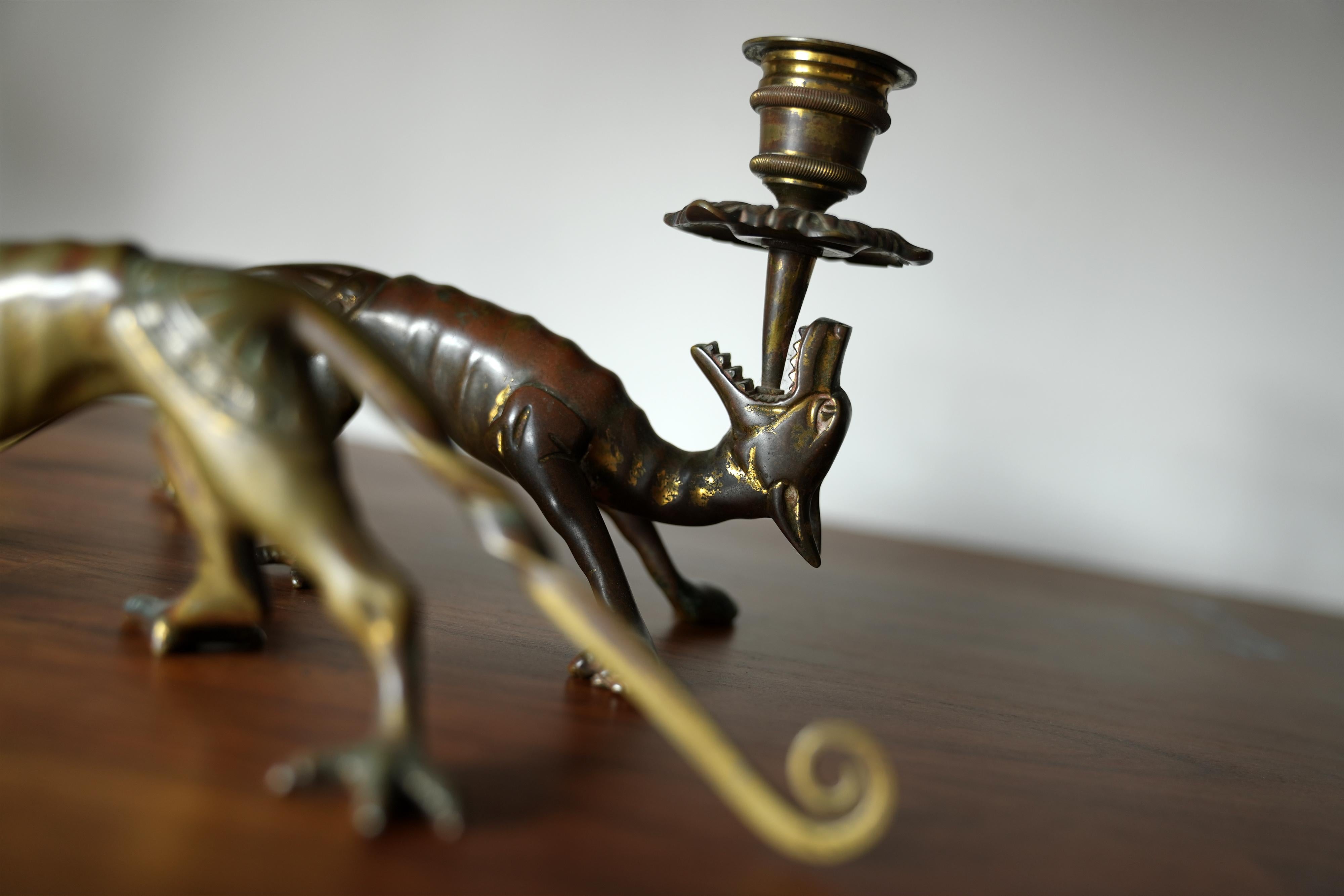 Aesthetic Bronze Dog Candlesticks In Good Condition For Sale In Hudson, NY