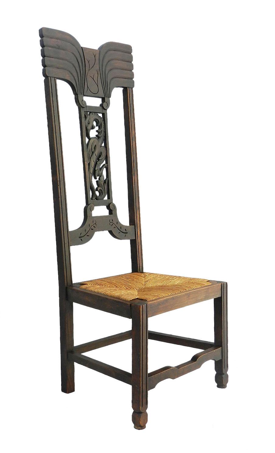 Aesthetic Chair Arts & Crafts Carved Phoenix Rush Seat, Late 19th Century In Good Condition In Mimizan, FR
