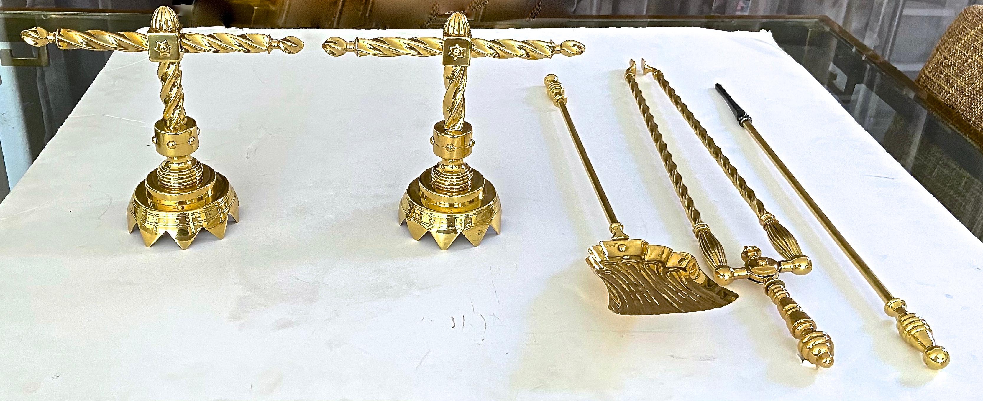 Aesthetic English Brass Fireplace Andiron Set For Sale 8