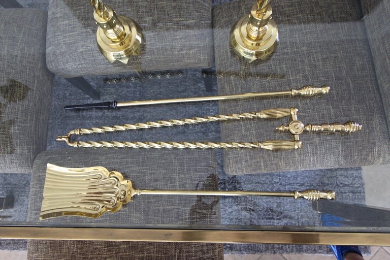 Aesthetic English Brass Fireplace Andiron Set For Sale at 1stDibs