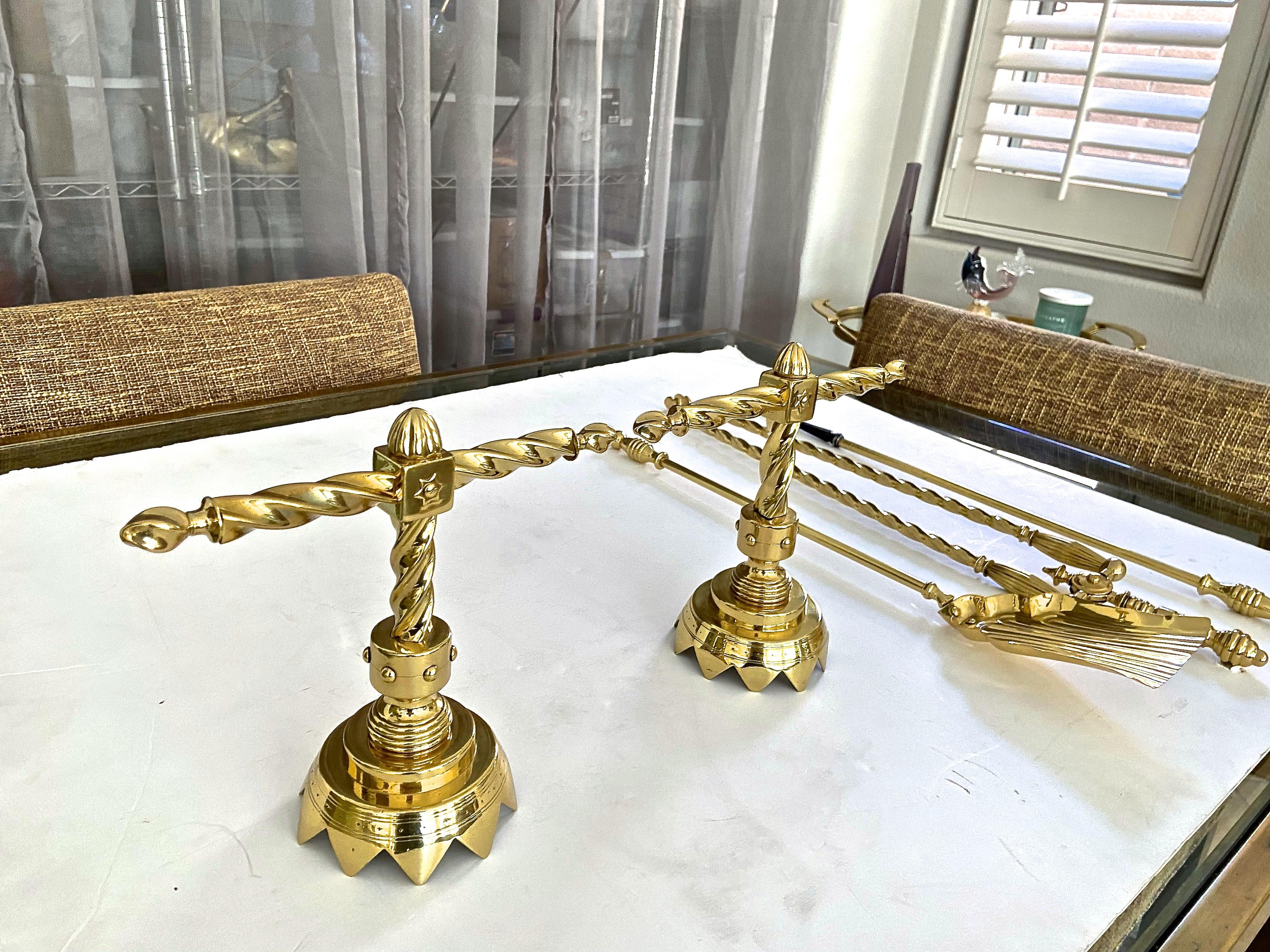 Aesthetic English Brass Fireplace Andiron Set For Sale 3