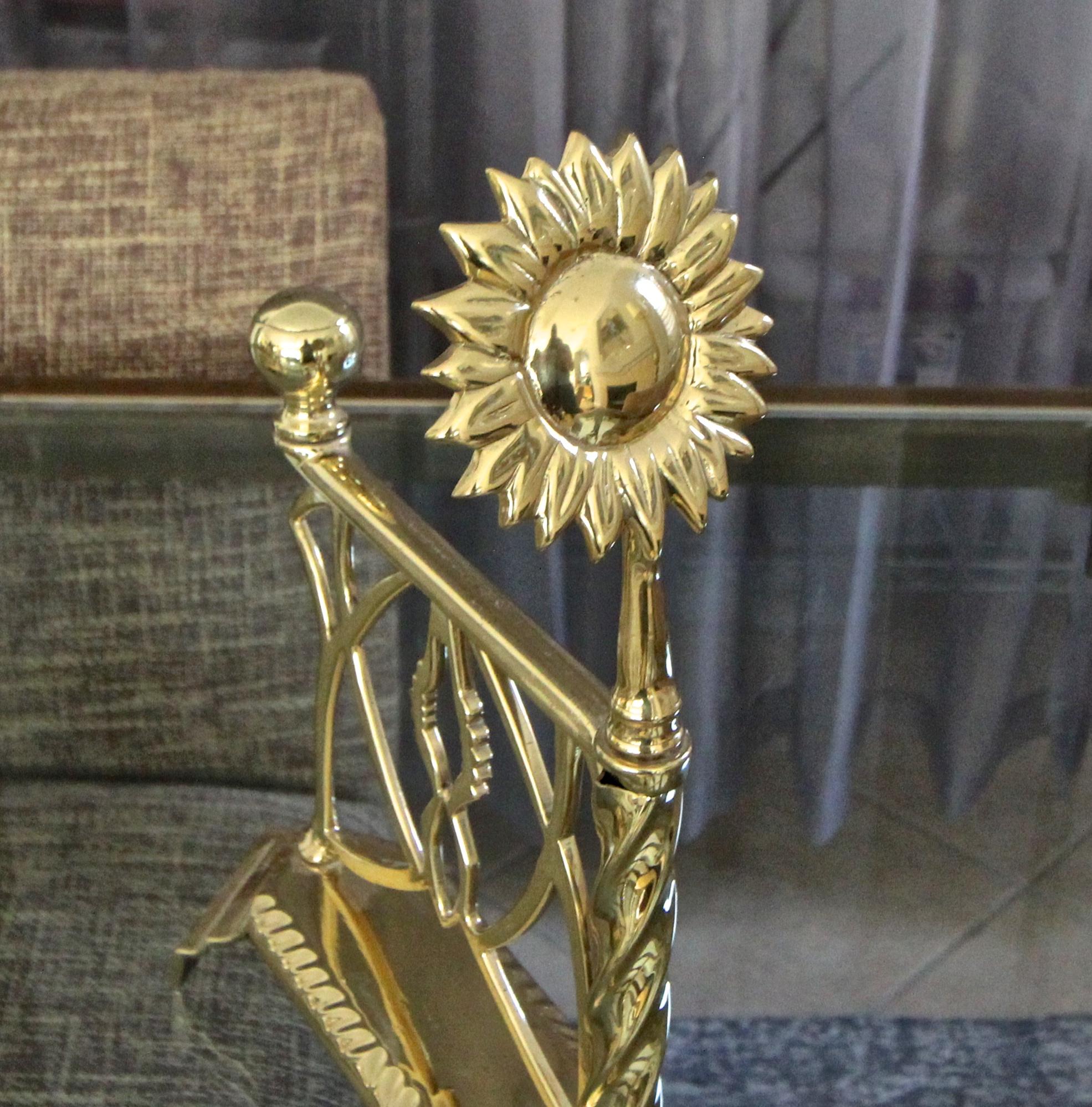 Aesthetic English Sunflower Brass Fireplace Andiron Set For Sale 6