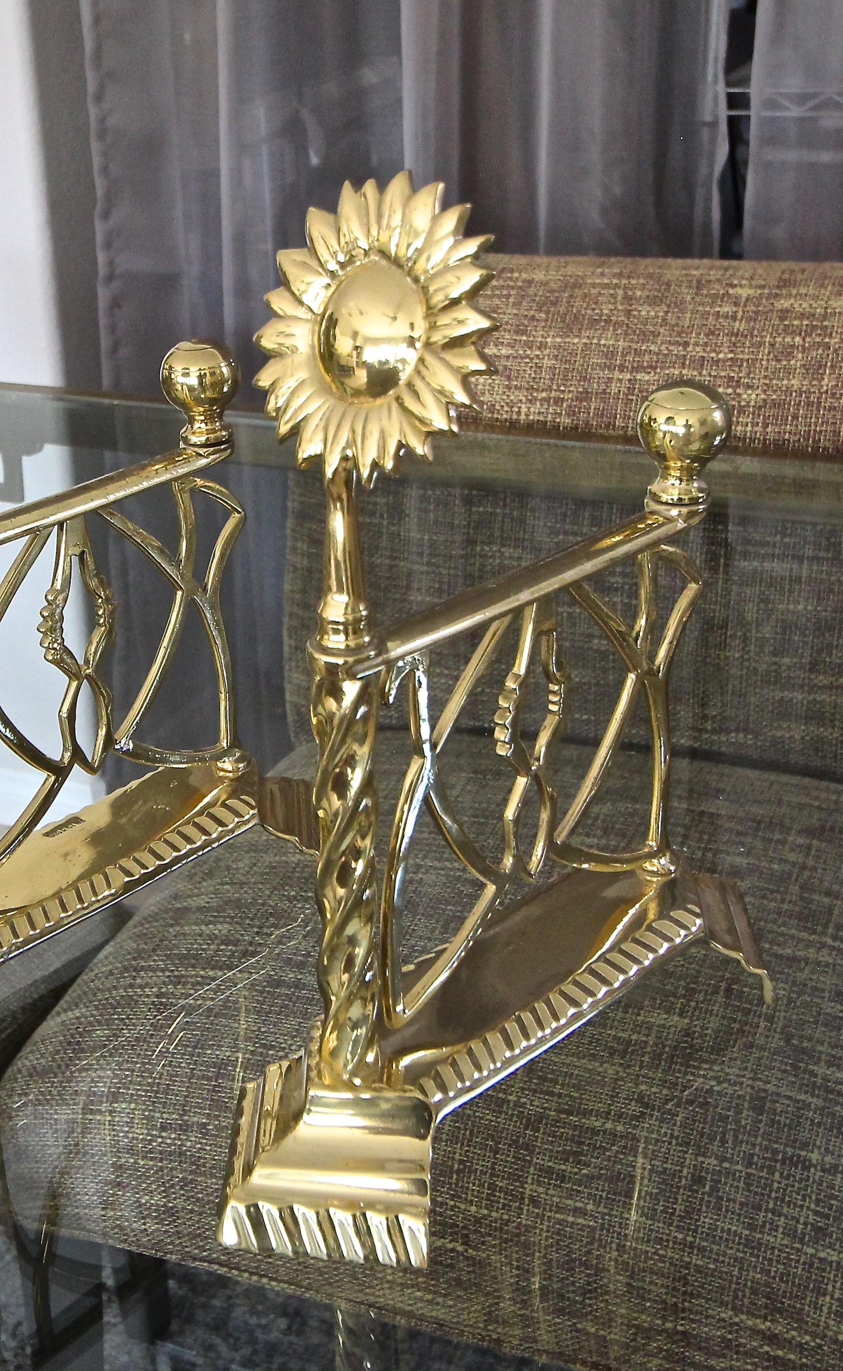 Aesthetic English Sunflower Brass Fireplace Andiron Set For Sale 11