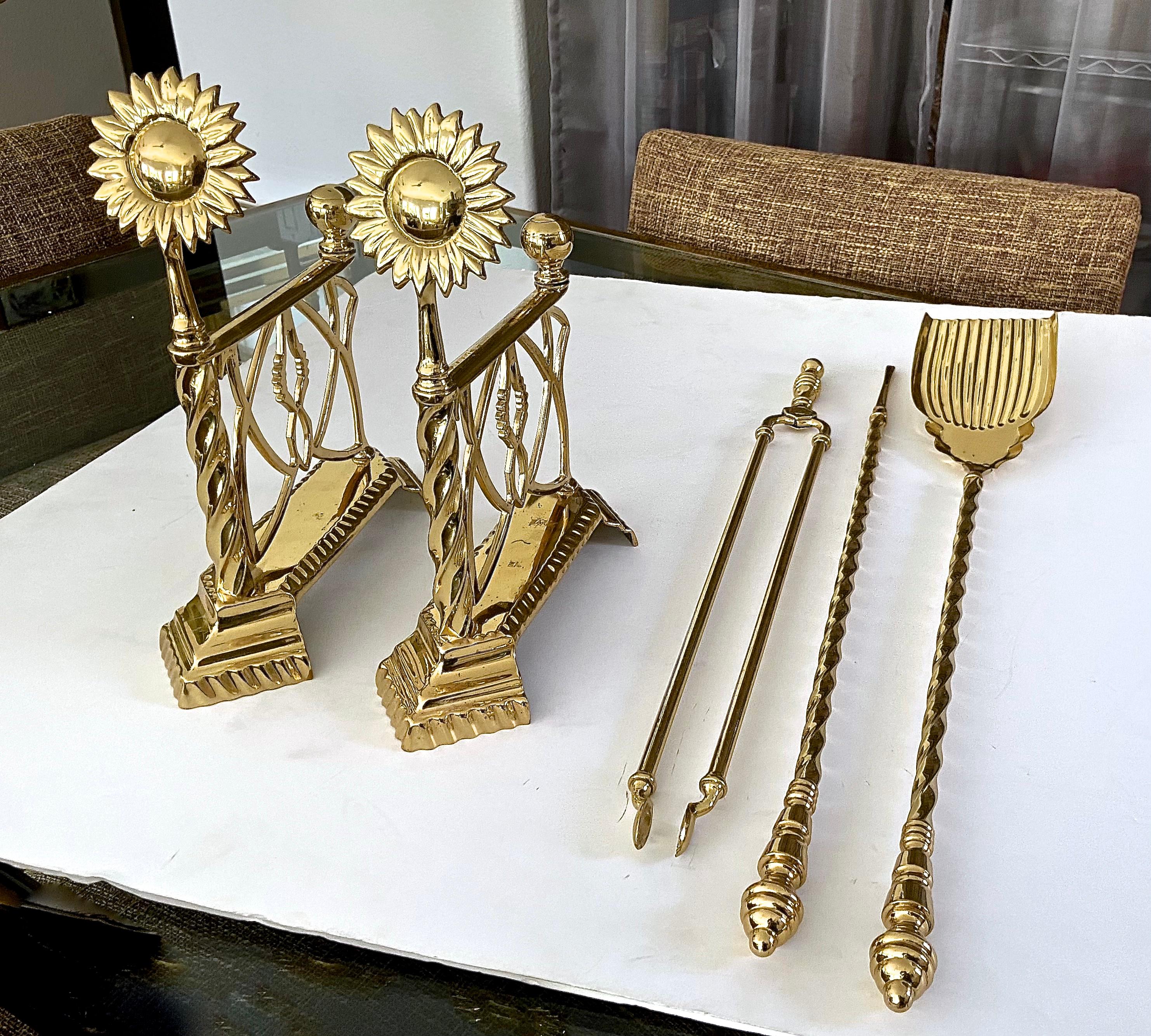 Aesthetic English style andirons fireplace set including andirons and 3 tools (no stand), The andirons have a sunflower motif and superior quality throughout. Brass is excellent shinning condition (possibly new old stock). 
Andirons: 13