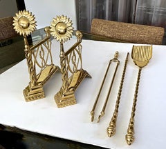 Aesthetic English Sunflower Brass Fireplace Andiron Set