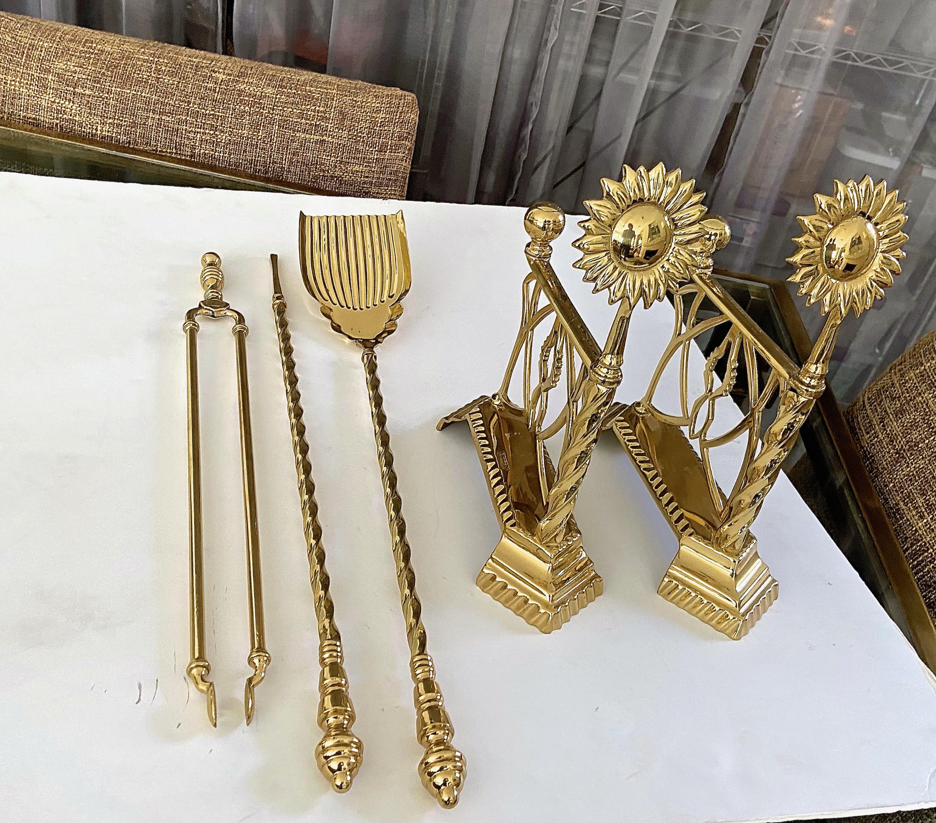 20th Century Aesthetic English Sunflower Brass Fireplace Andiron Set For Sale