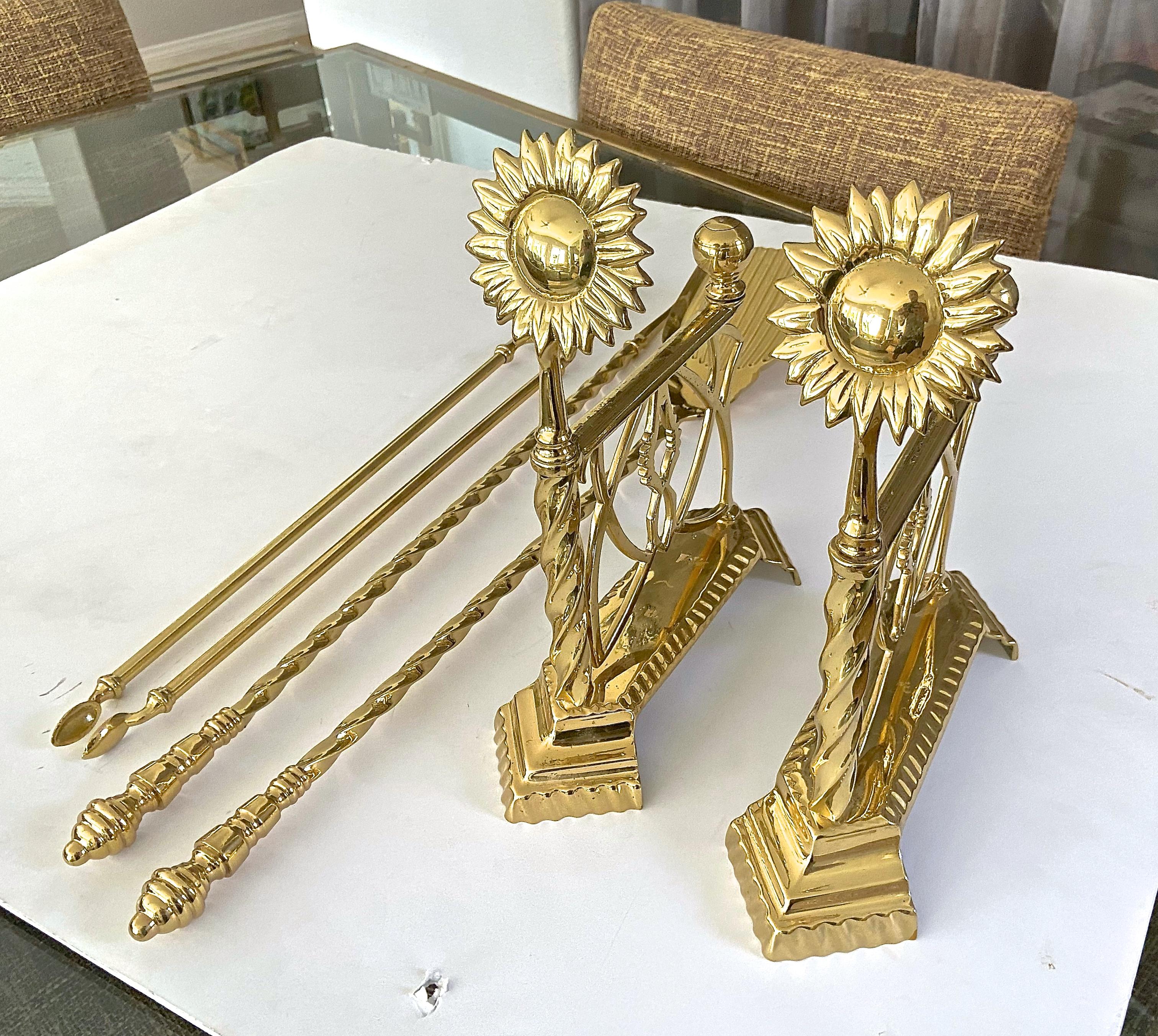 Aesthetic English Sunflower Brass Fireplace Andiron Set For Sale 1