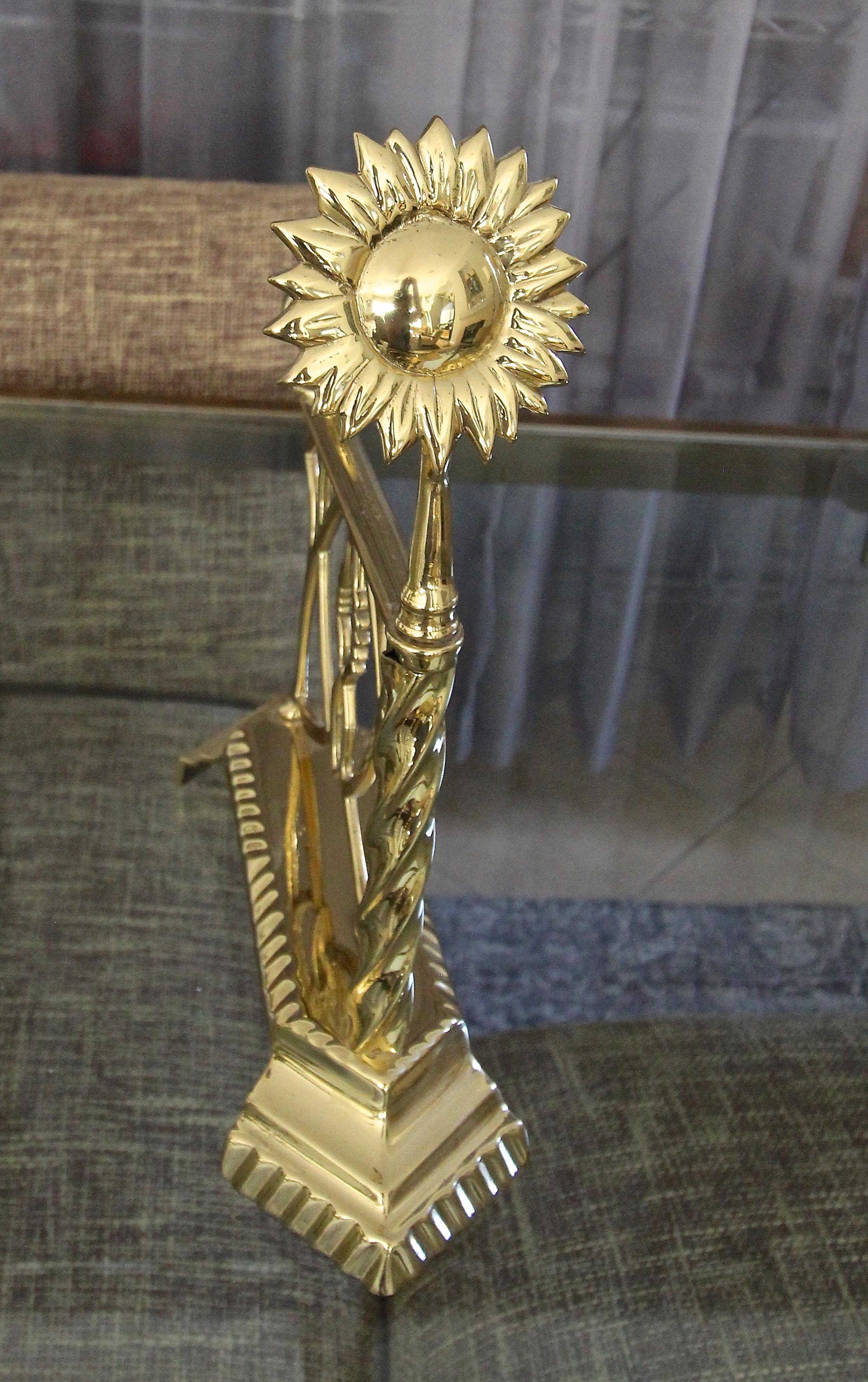 Aesthetic English Sunflower Brass Fireplace Andiron Set For Sale 5