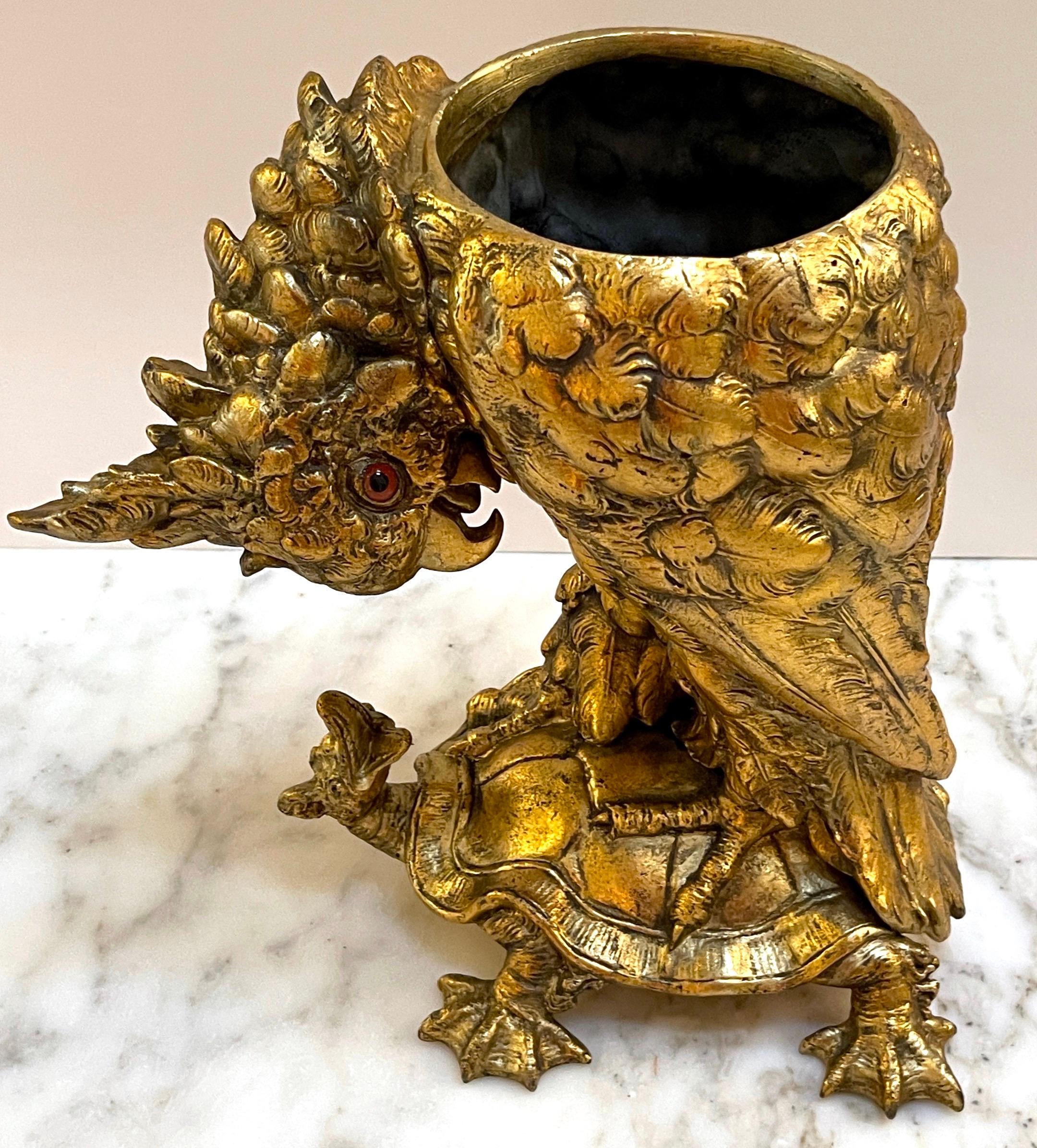 American Aesthetic Gilt Metal Cockatoo & Turtle Figural Cachepot For Sale