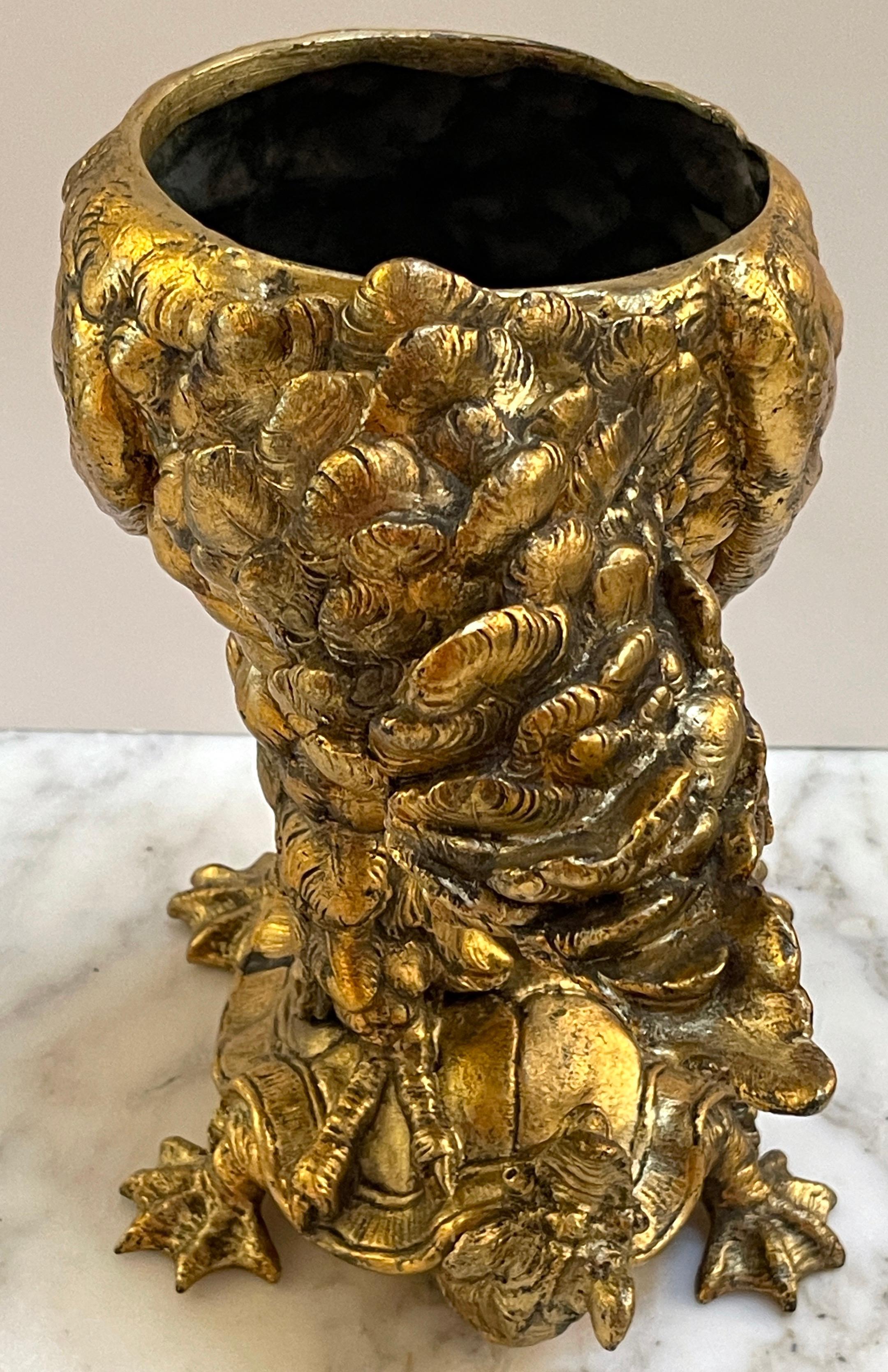 Aesthetic Gilt Metal Cockatoo & Turtle Figural Cachepot In Good Condition For Sale In West Palm Beach, FL