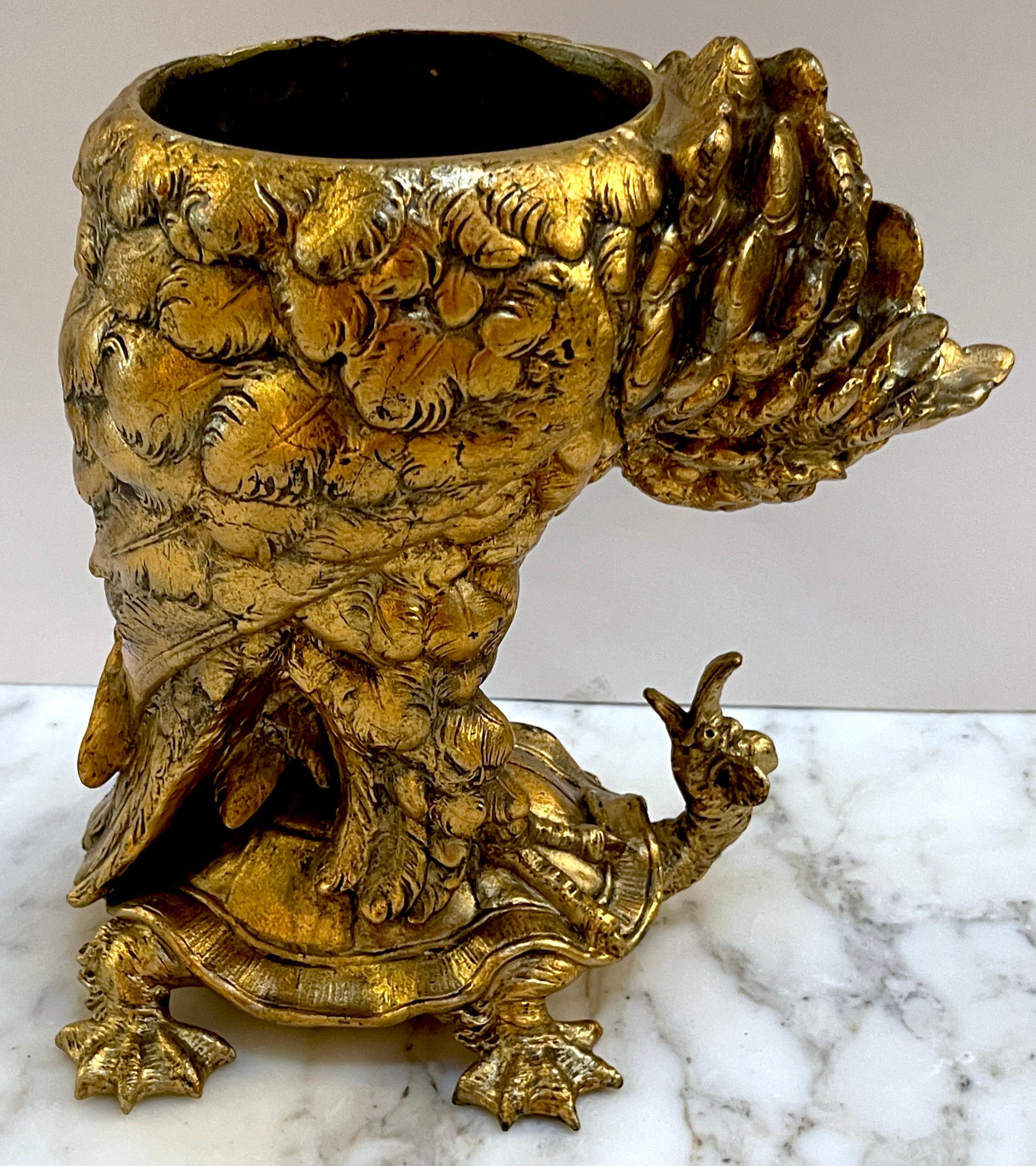 20th Century Aesthetic Gilt Metal Cockatoo & Turtle Figural Cachepot For Sale