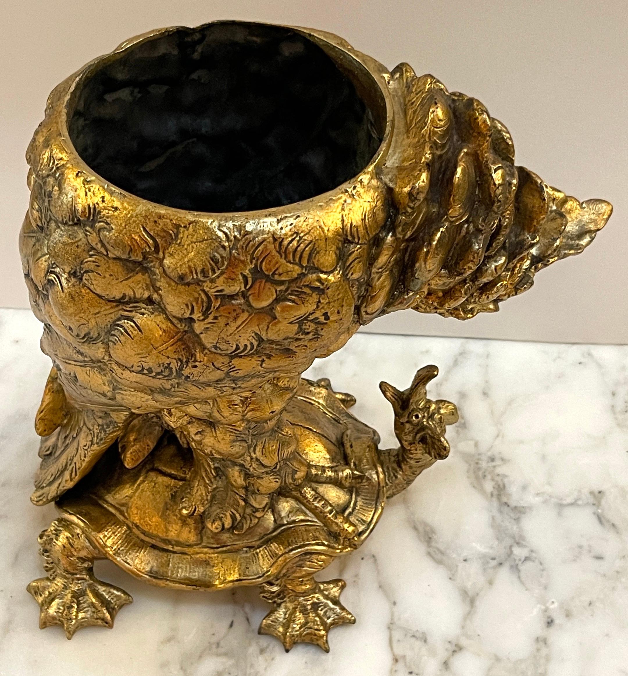 Aesthetic Gilt Metal Cockatoo & Turtle Figural Cachepot For Sale 1
