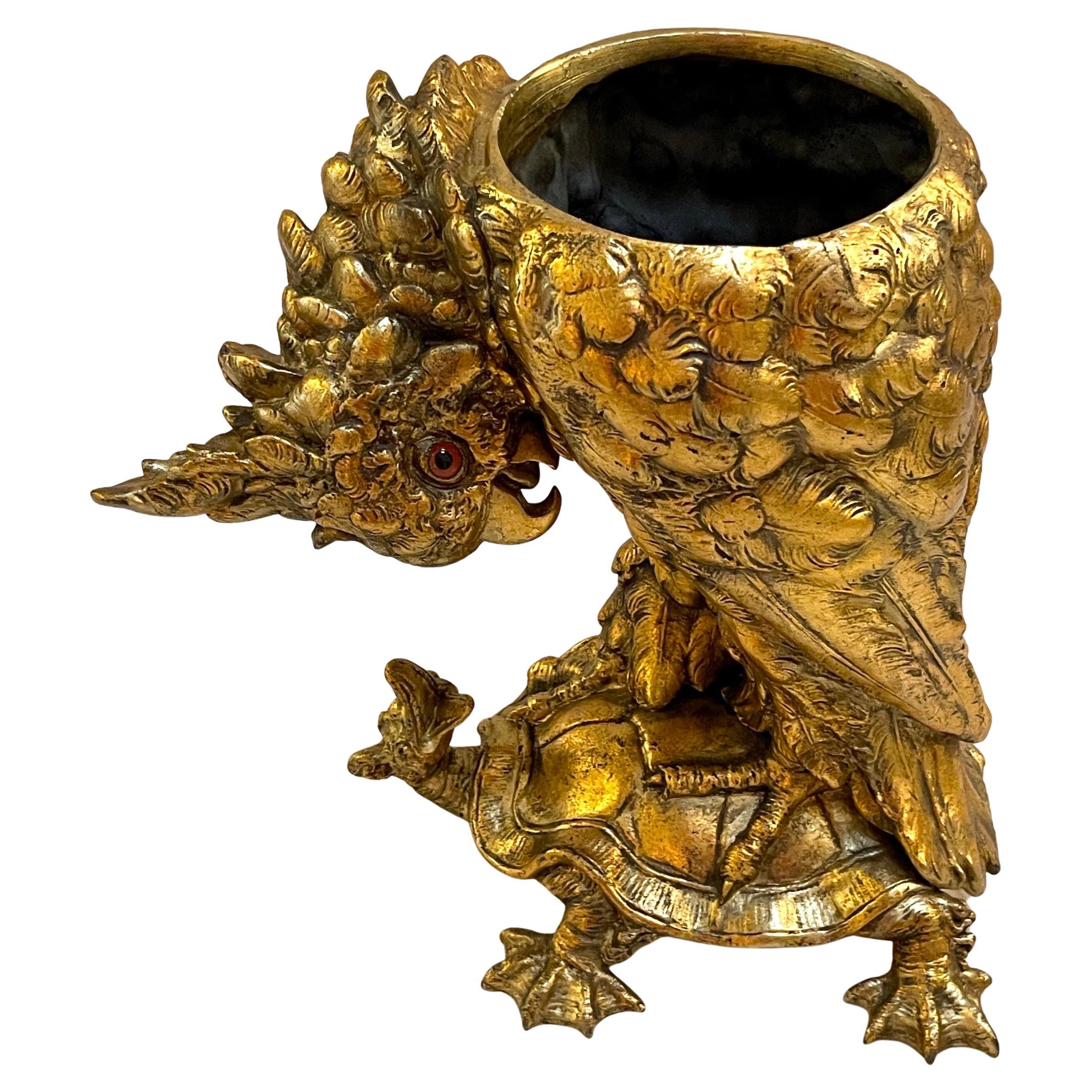 Aesthetic Gilt Metal Cockatoo & Turtle Figural Cachepot