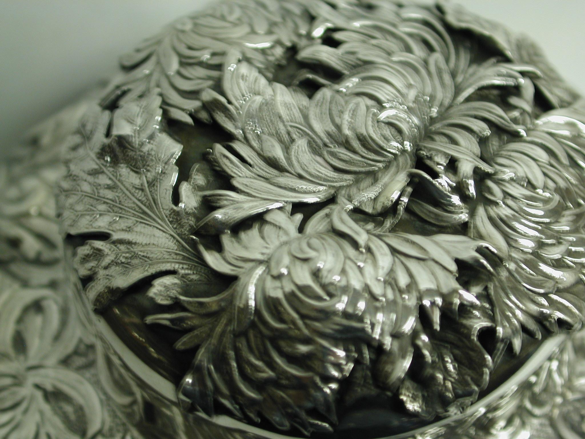 Late 19th Century  Aesthetic Japonesque Sterling Silver Chrysanthemum Tea Caddy, C.1890, New York