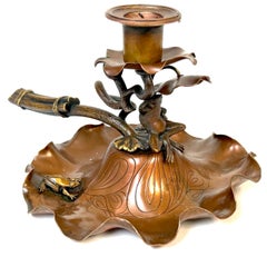 Aesthetic Mixed Metal Lily Pad and Frog Chamberstick Attributed to Gorham, 1900