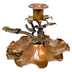 Aesthetic Mixed Metal Lily Pad and Frog Chamberstick Attributed to Gorham, 1900
