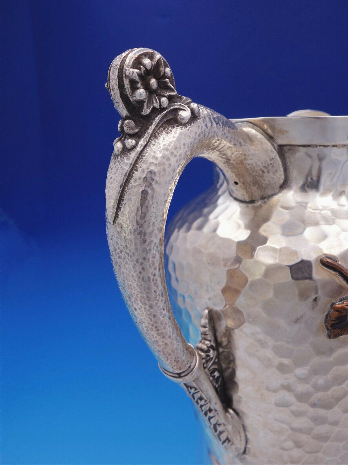 19th Century Aesthetic Mixed Metals Gorham Sterling Silver Water Pitcher Applied Bird For Sale