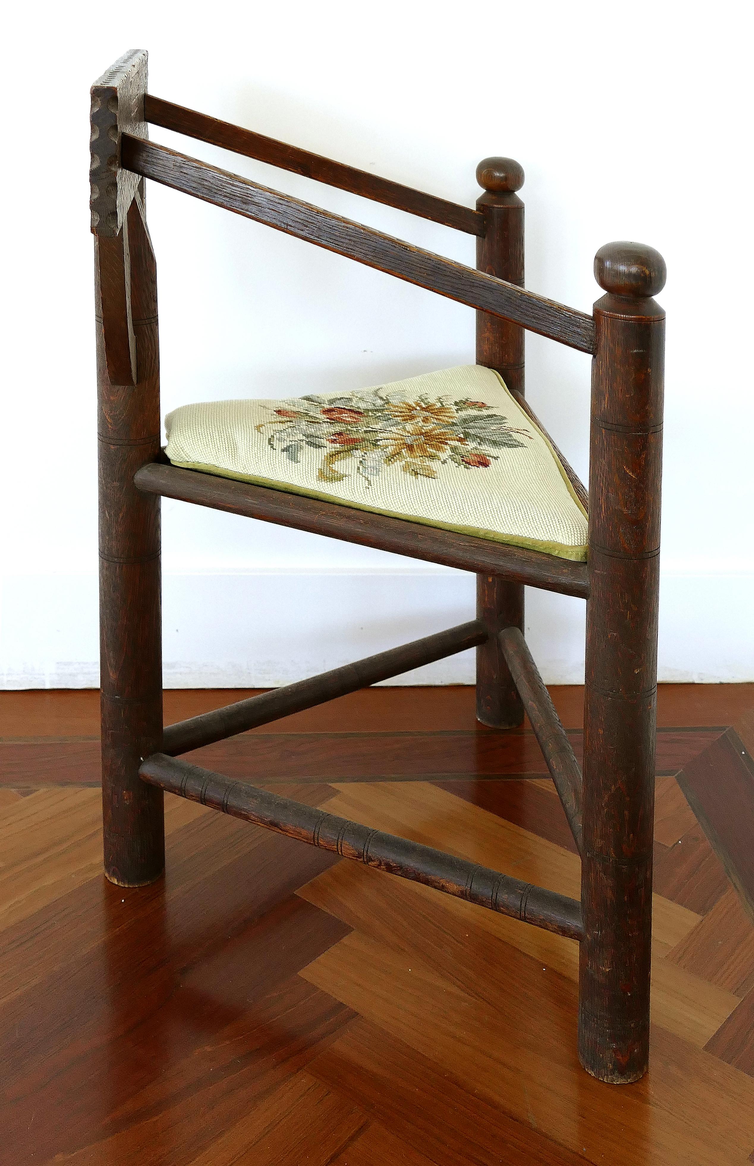 Aesthetic Movement 19th-Century Swedish Monk's Corner Chair with Needlepoint Cushion