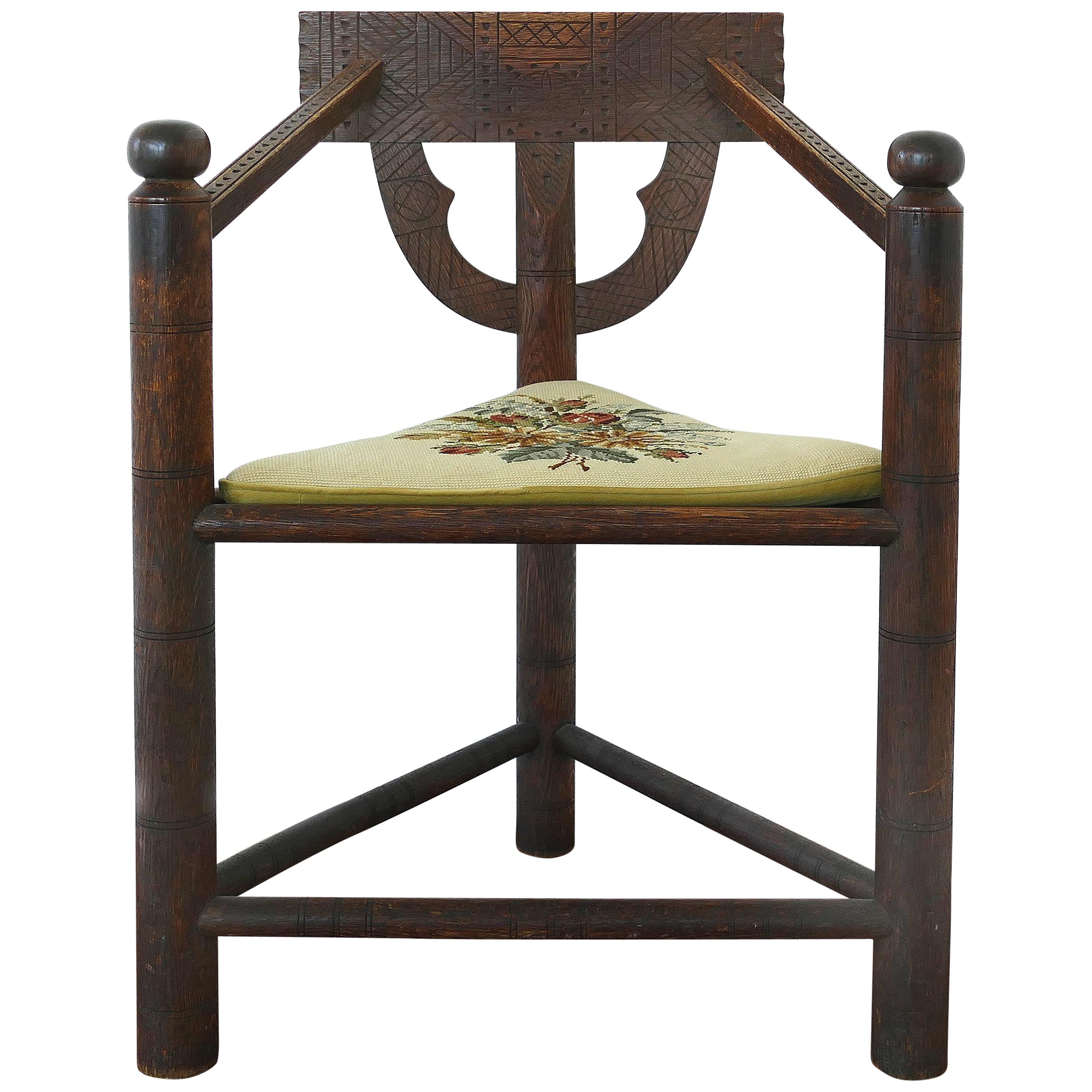 19th-Century Swedish Monk's Corner Chair with Needlepoint Cushion