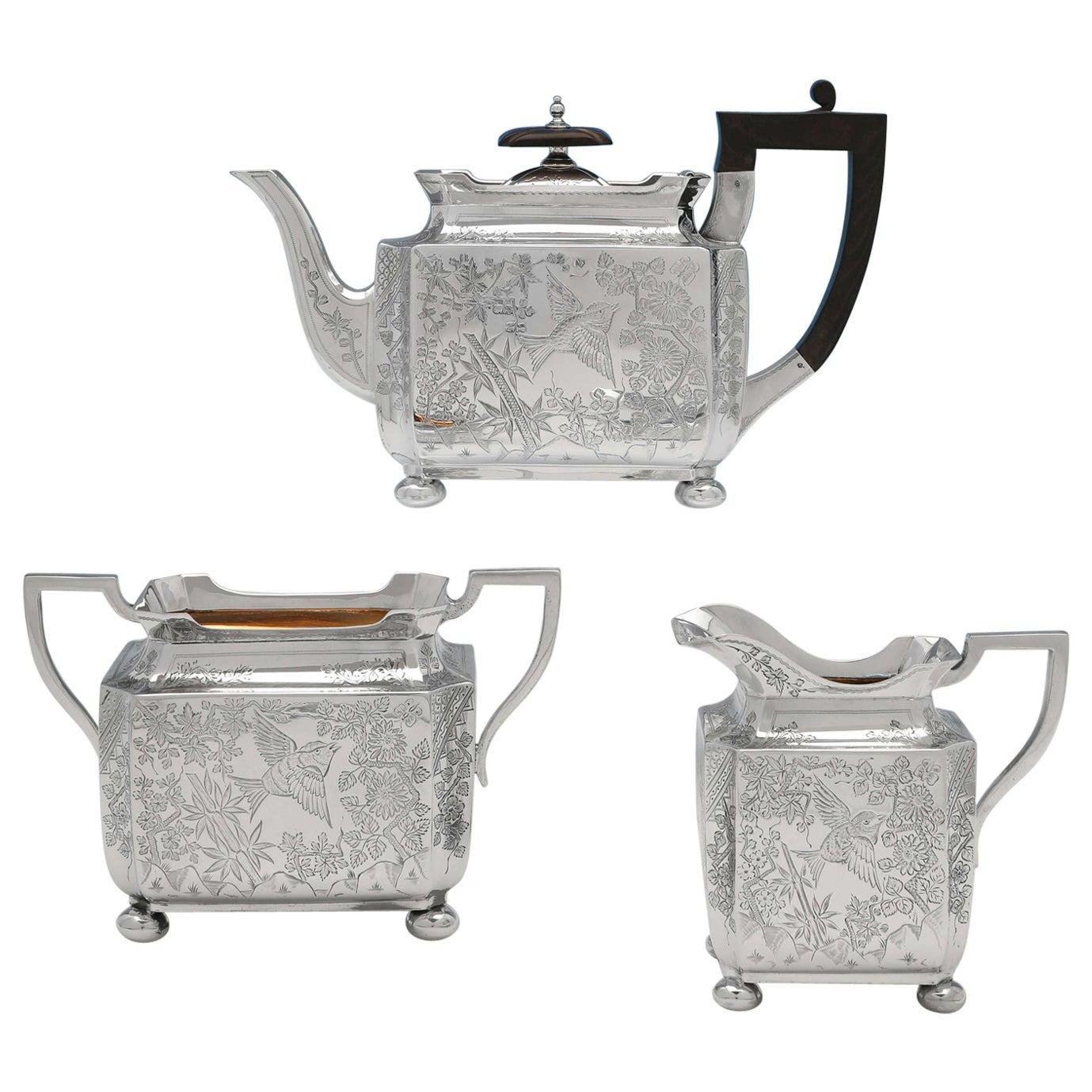 Aesthetic Movement Antique Sterling Silver 3 Piece Tea Set by Walker & Hall 1895