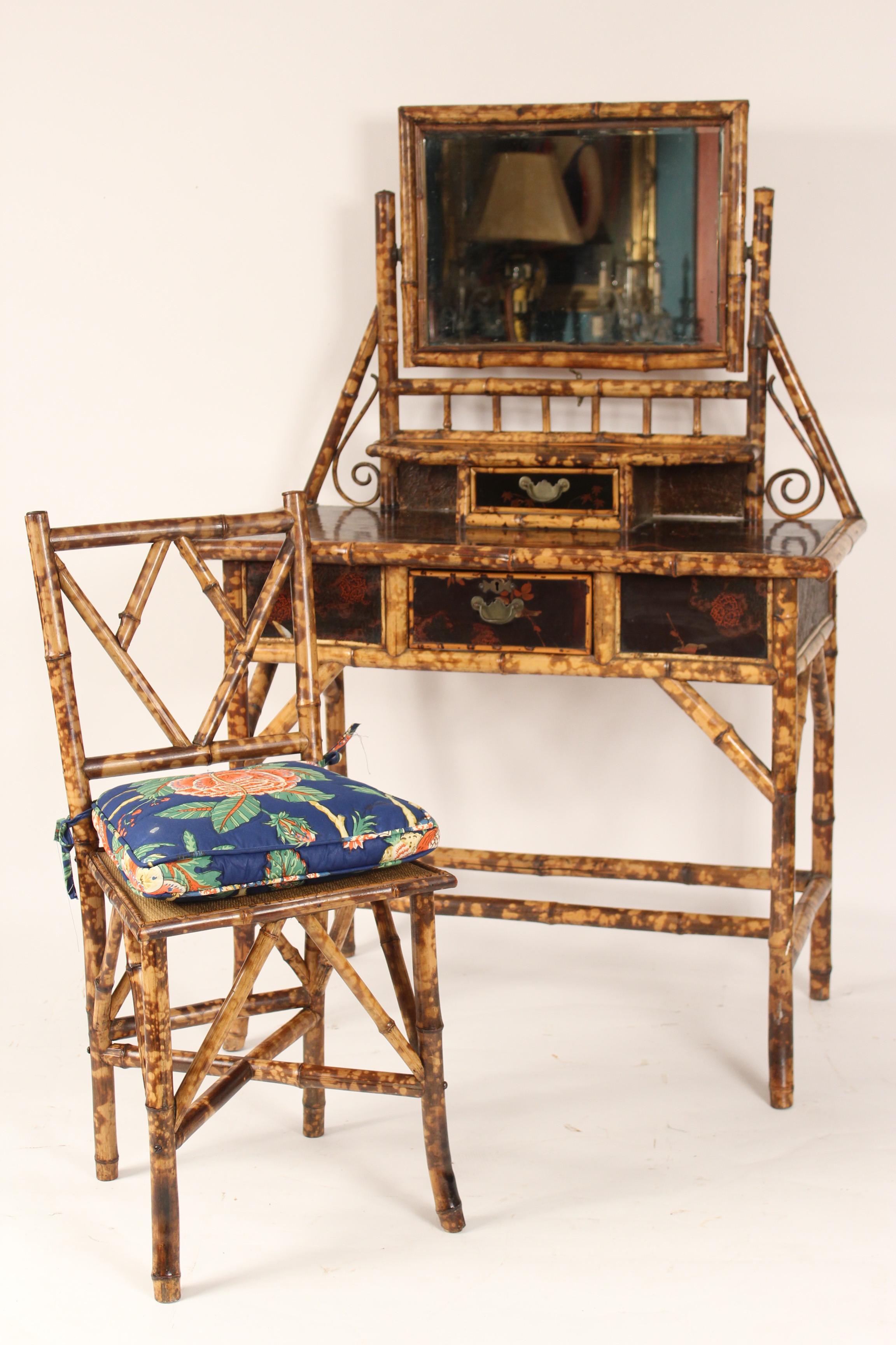 Aesthetic Movement bamboo and lacquer vanity and matching chair, circa 1920. Chair dimensions, height 36