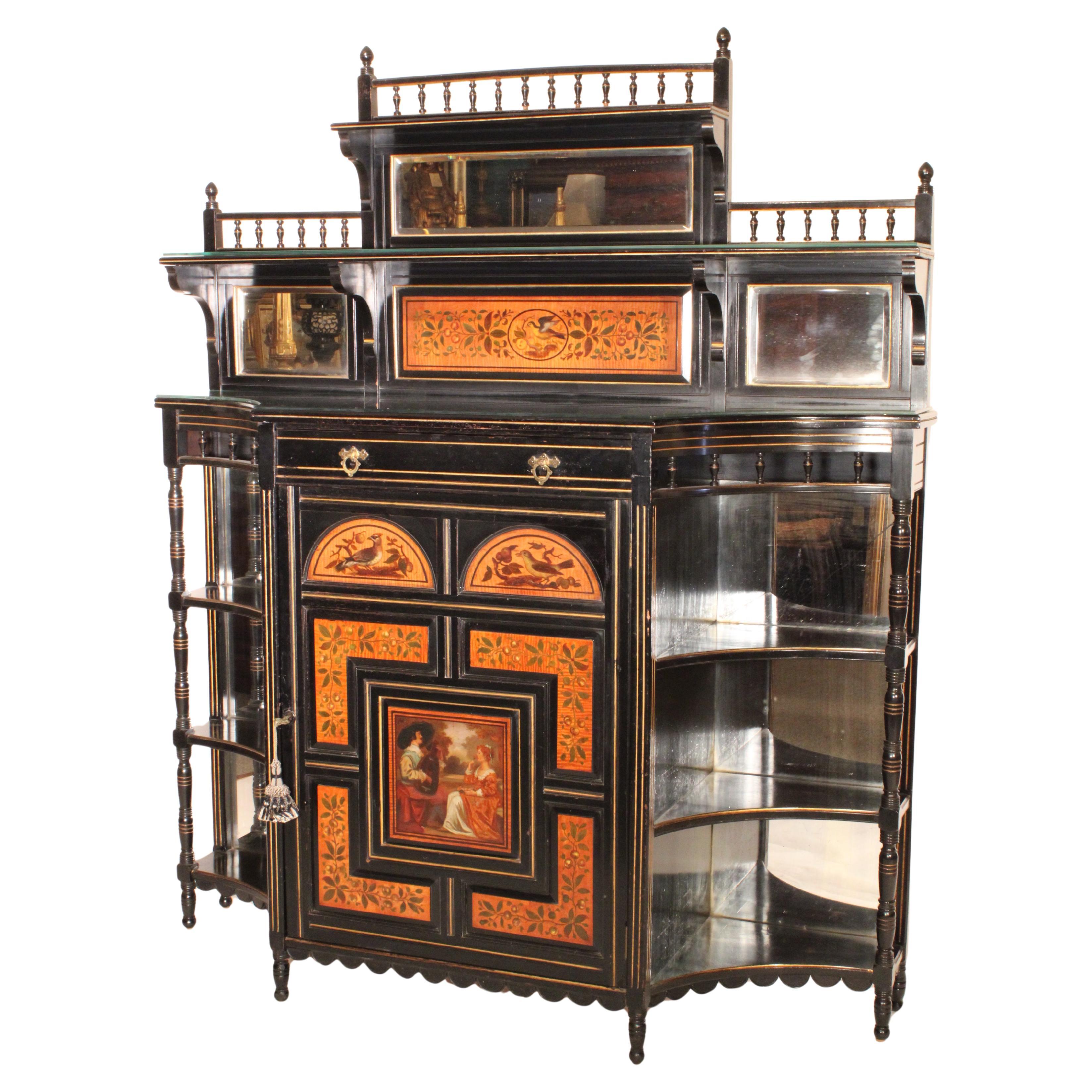Aesthetic Movement Black Lacquer and Painted Cabinet For Sale
