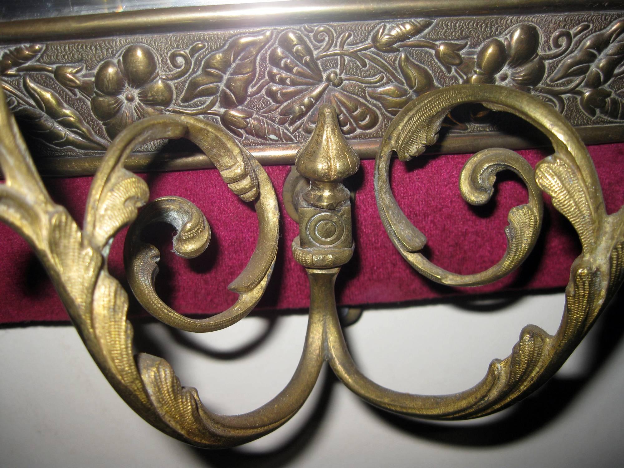 English Aesthetic Movement Brass Sconce Pair with Velvet Lined Frames For Sale