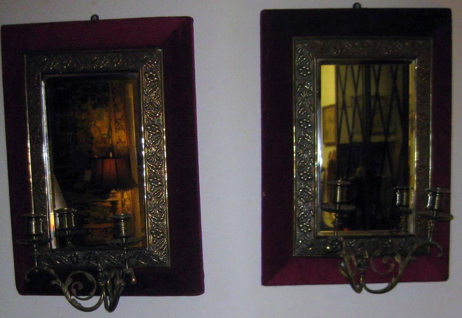 Aesthetic Movement Brass Sconce Pair with Velvet Lined Frames In Good Condition For Sale In Savannah, GA