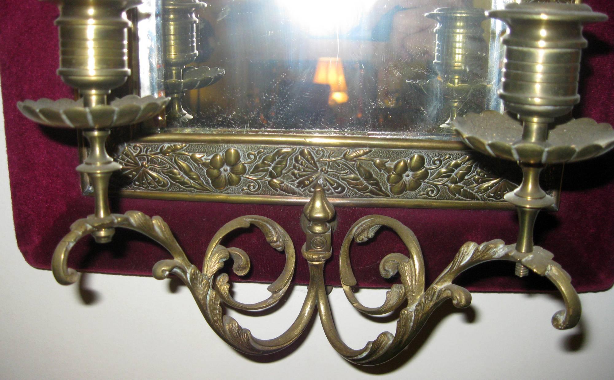 Mid-19th Century Aesthetic Movement Brass Sconce Pair with Velvet Lined Frames For Sale