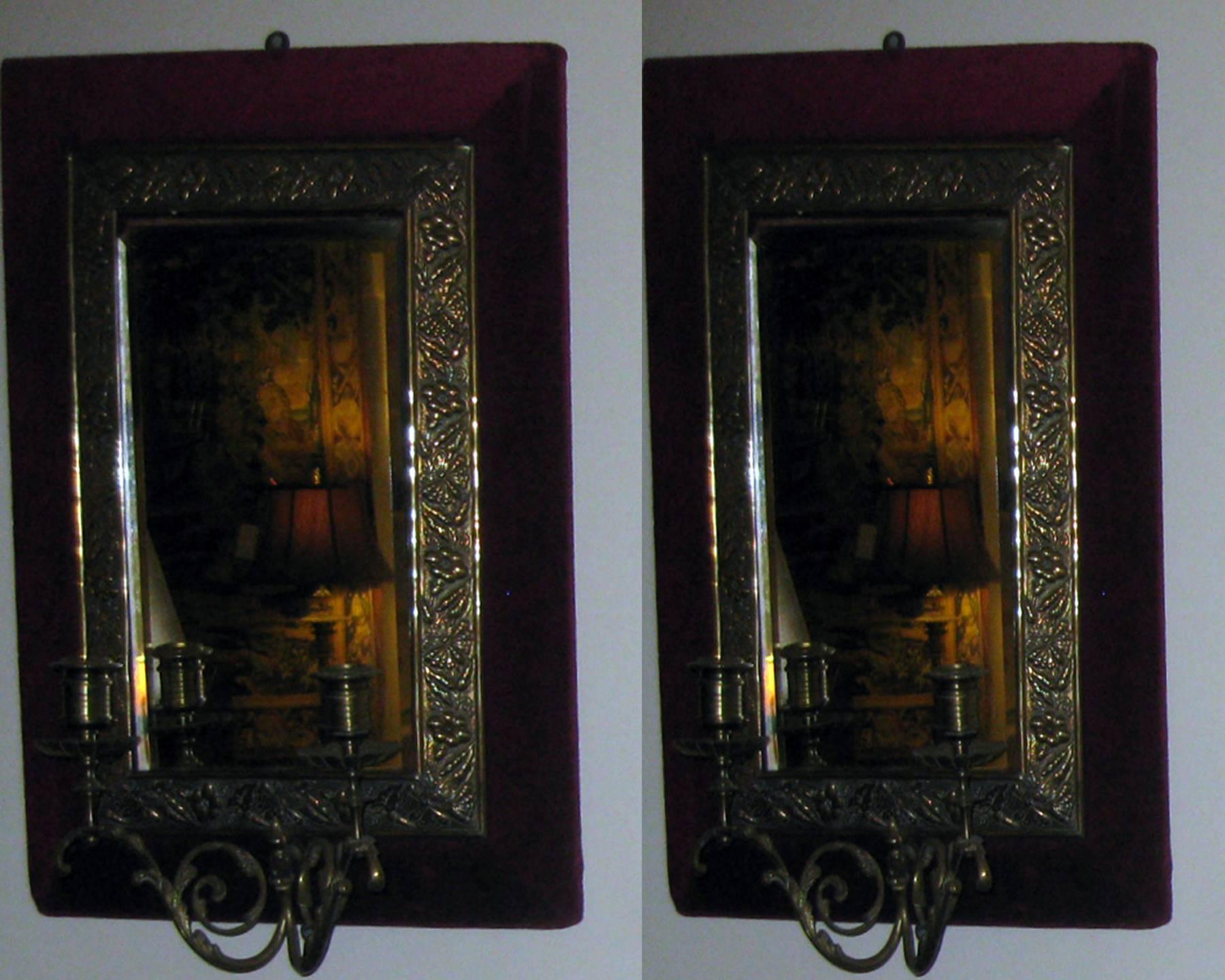 Aesthetic Movement Brass Sconce Pair with Velvet Lined Frames For Sale 3