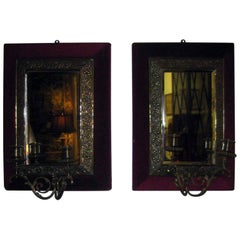 Antique Aesthetic Movement Brass Sconce Pair with Velvet Lined Frames