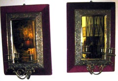 Aesthetic Movement Brass Sconce Pair with Velvet Lined Frames