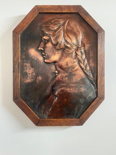 Aesthetic Movement Bronze Plaque of a Lady in Oak frame handmade, Circa 1875