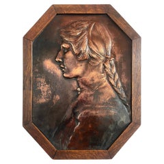 Aesthetic Movement Bronze Plaque of a Lady in Oak frame handmade, Circa 1875