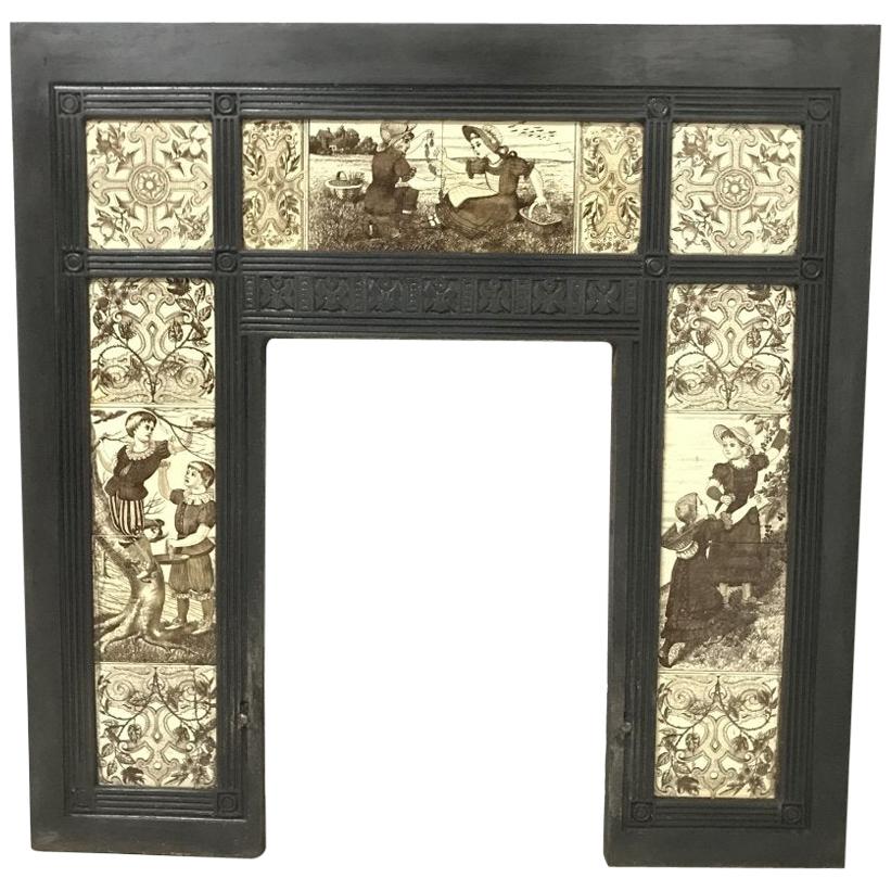 English Aesthetic Movement Cast Iron Fire Insert with Original Maw & Co Tiles