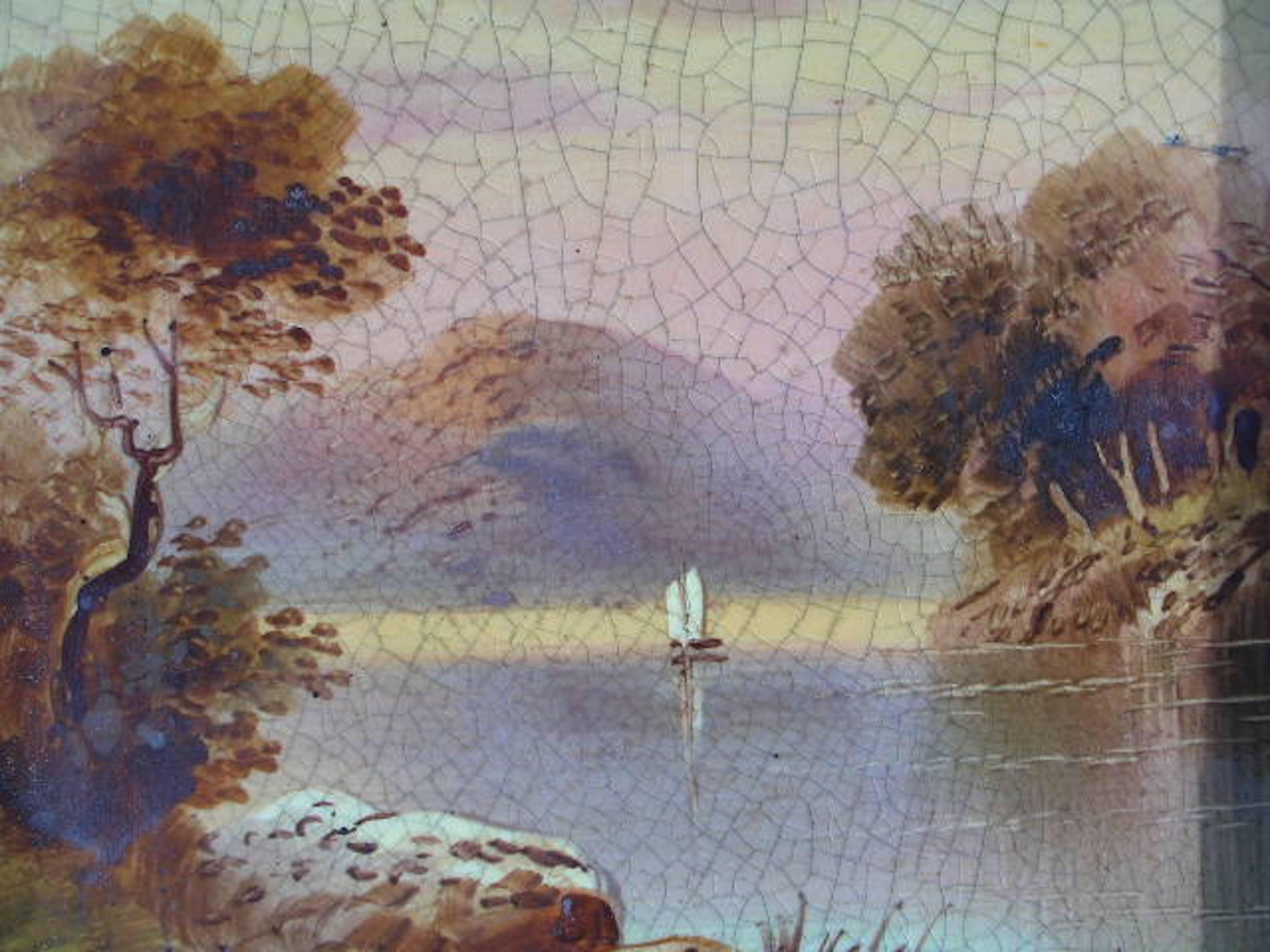 Plaque de cheminée en fonte Aesthetic Movement avec scènes de voile peintes à la main Bon état - En vente à London, GB