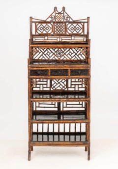 Aesthetic Movement Chinoiserie Bamboo and Elm Etagere, 19th Century