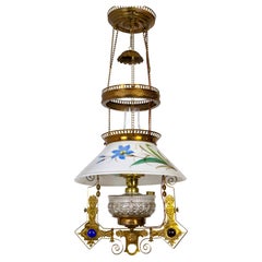 Aesthetic Movement Copper, Brass, Painted Glass Library Oil Lamp Pendant Light