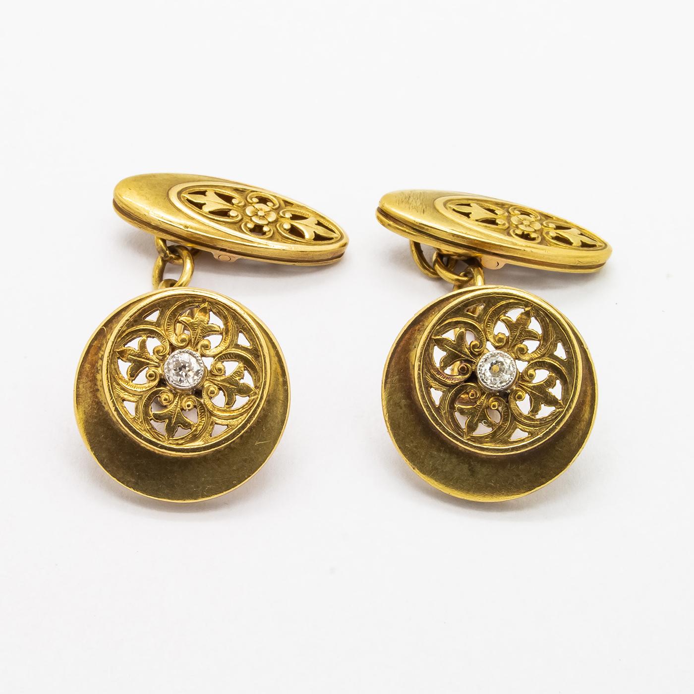 Aesthetic Movement Diamond Gold Cufflinks In Good Condition In London, GB