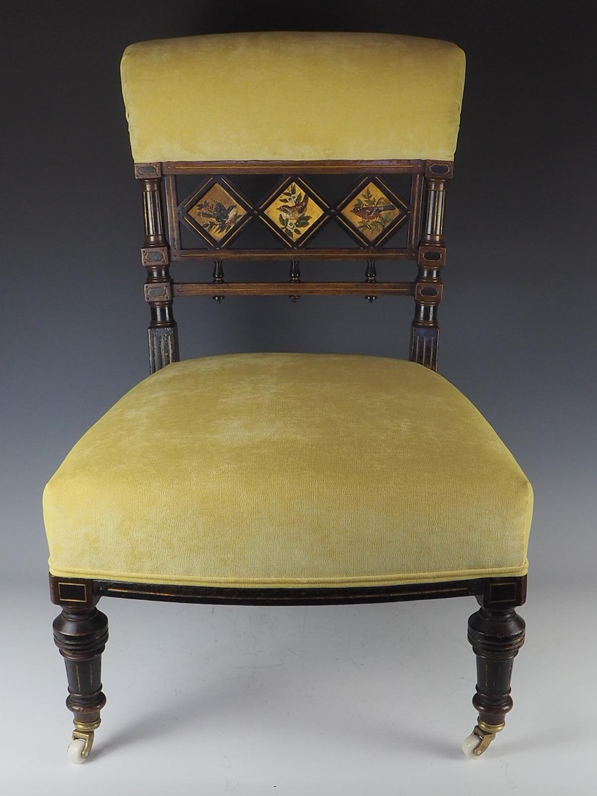 c.1870 Aesthetic Movement Ebonised and gilt side chair with hand painted birds

One of the most beautiful side chairs with hand painted birds
The chair has been luxiously reupholstred using crushed velvet that was simalar to the farbric