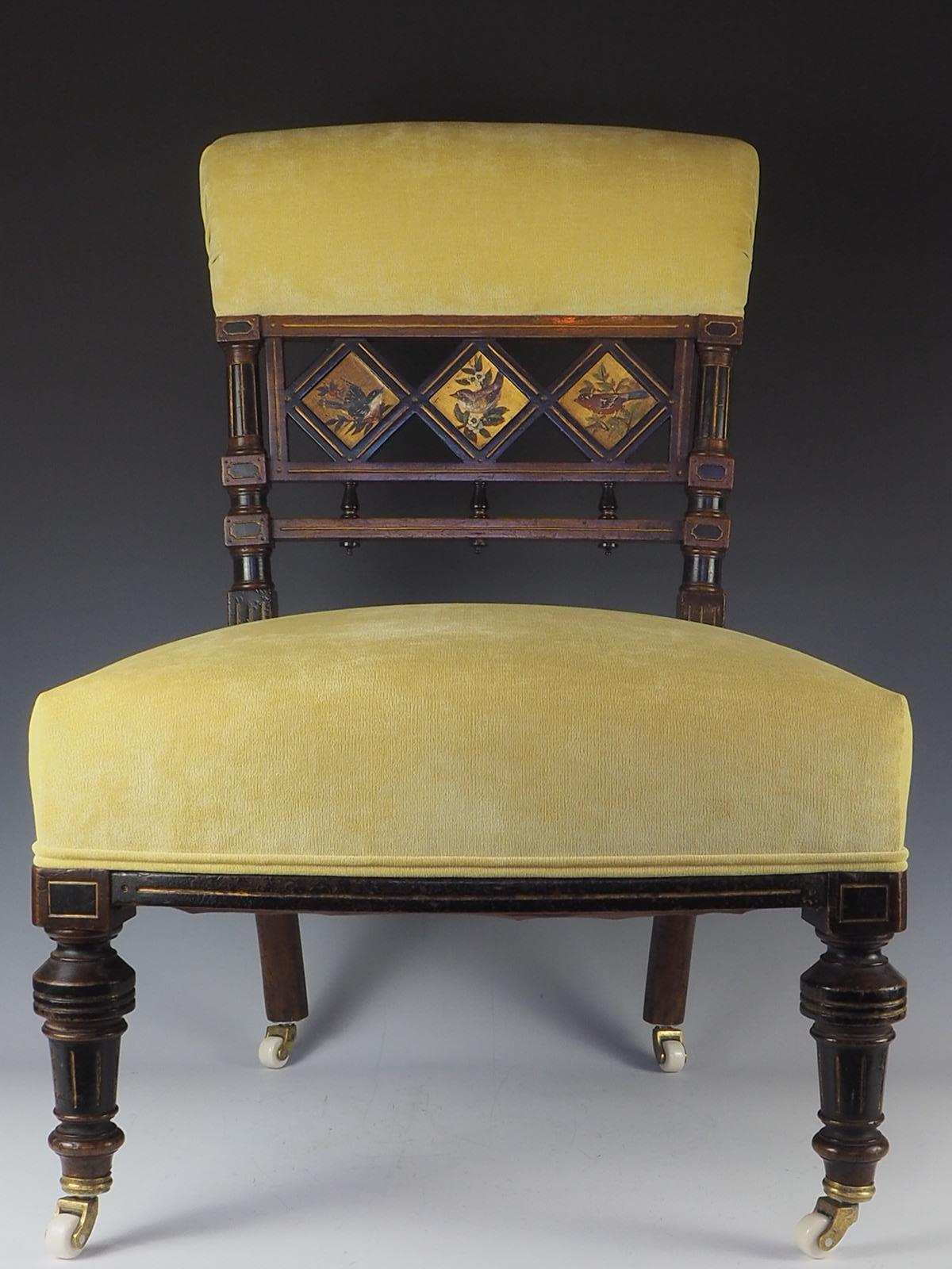 Hand-Painted Aesthetic Movement Ebonised and Gilt Side Chair with Hand Painted Birds, c. 1870 For Sale