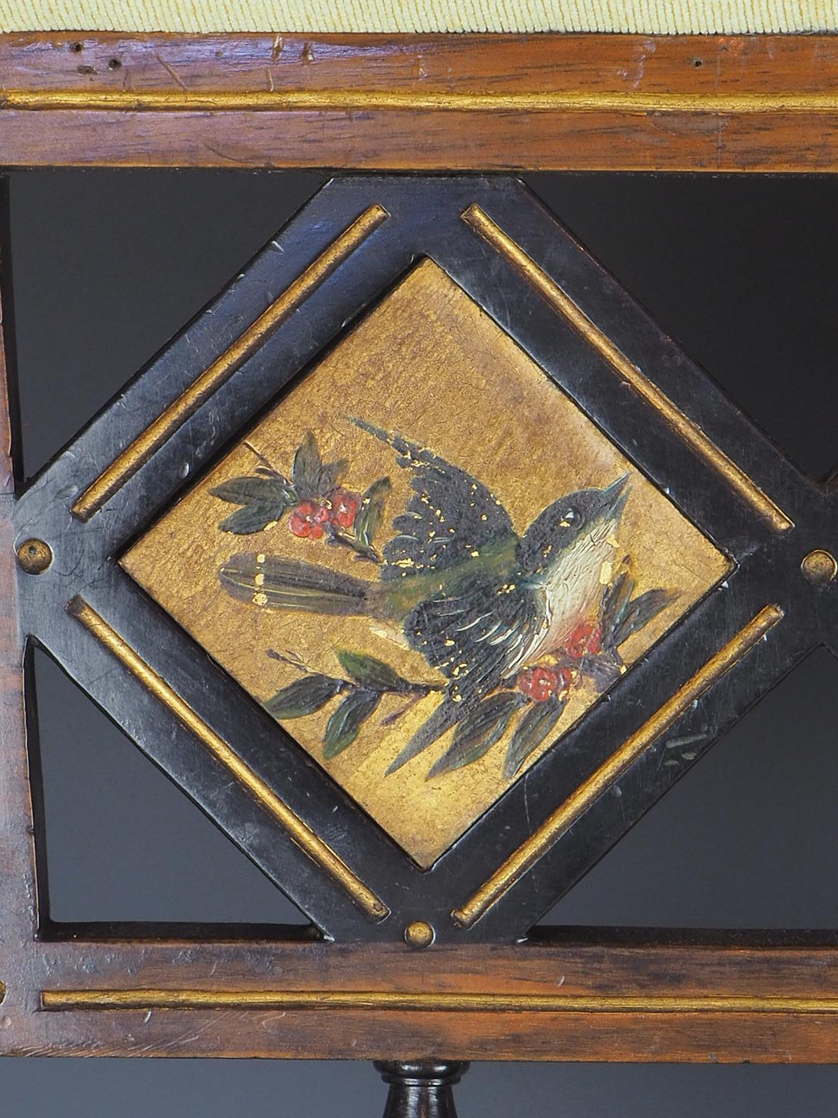 19th Century Aesthetic Movement Ebonised and Gilt Side Chair with Hand Painted Birds, c. 1870 For Sale