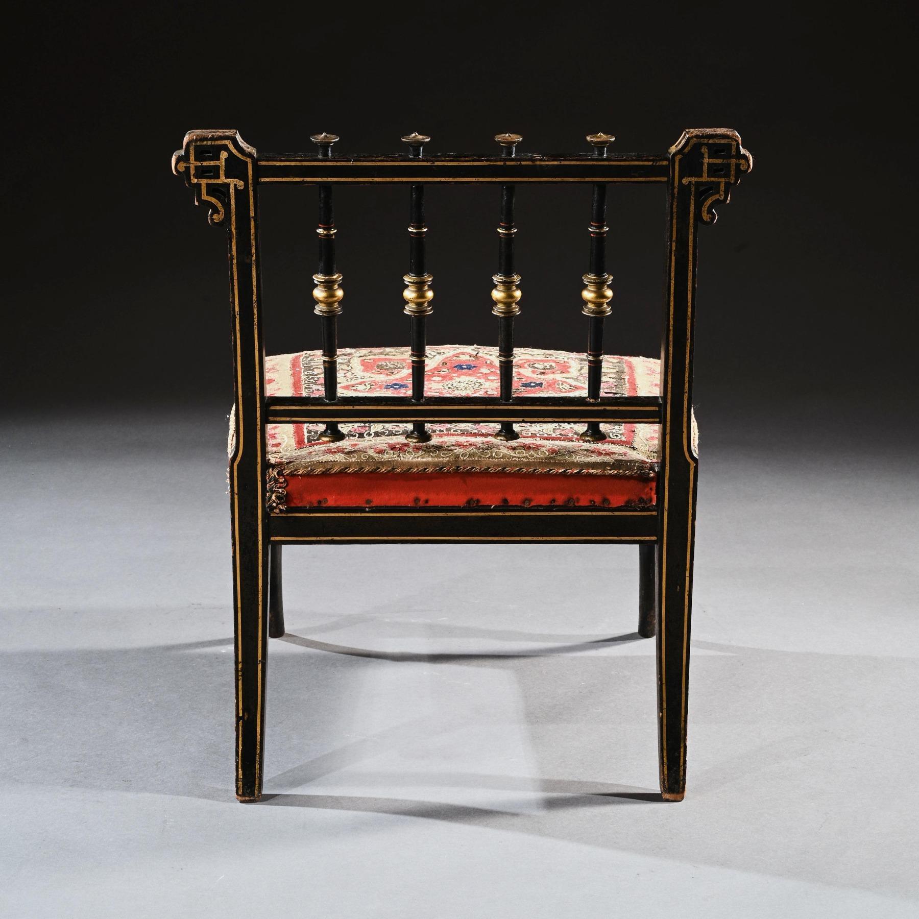 Wood Aesthetic Movement Ebonised Slipper Chair with Original Needle Work Upholstery