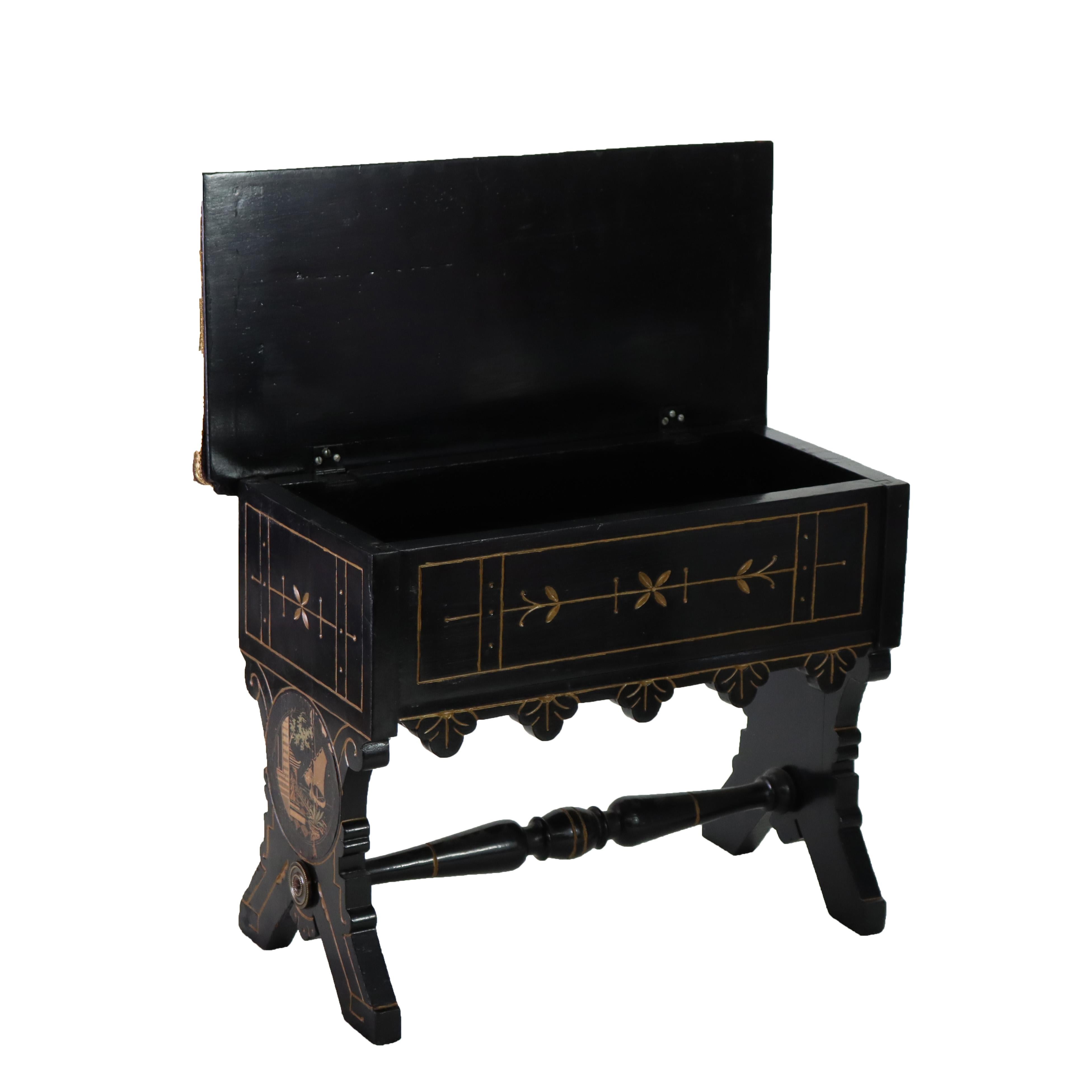 Aesthetic Movement Ebonized & Gilt Needlepoint Footstool With Handpainted Panels For Sale 5