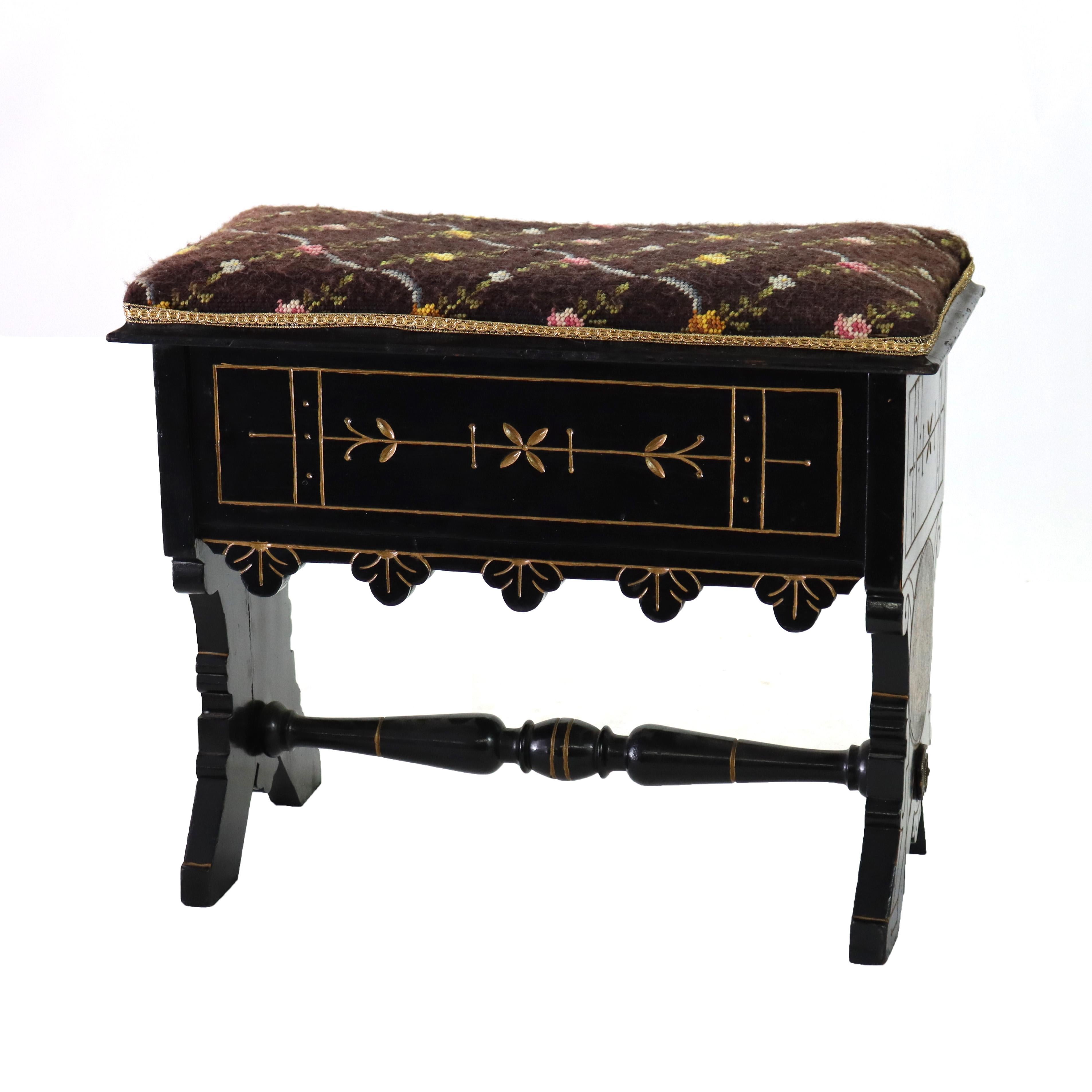 Aesthetic Movement Ebonized & Gilt Needlepoint Footstool With Handpainted Panels In Good Condition For Sale In Big Flats, NY
