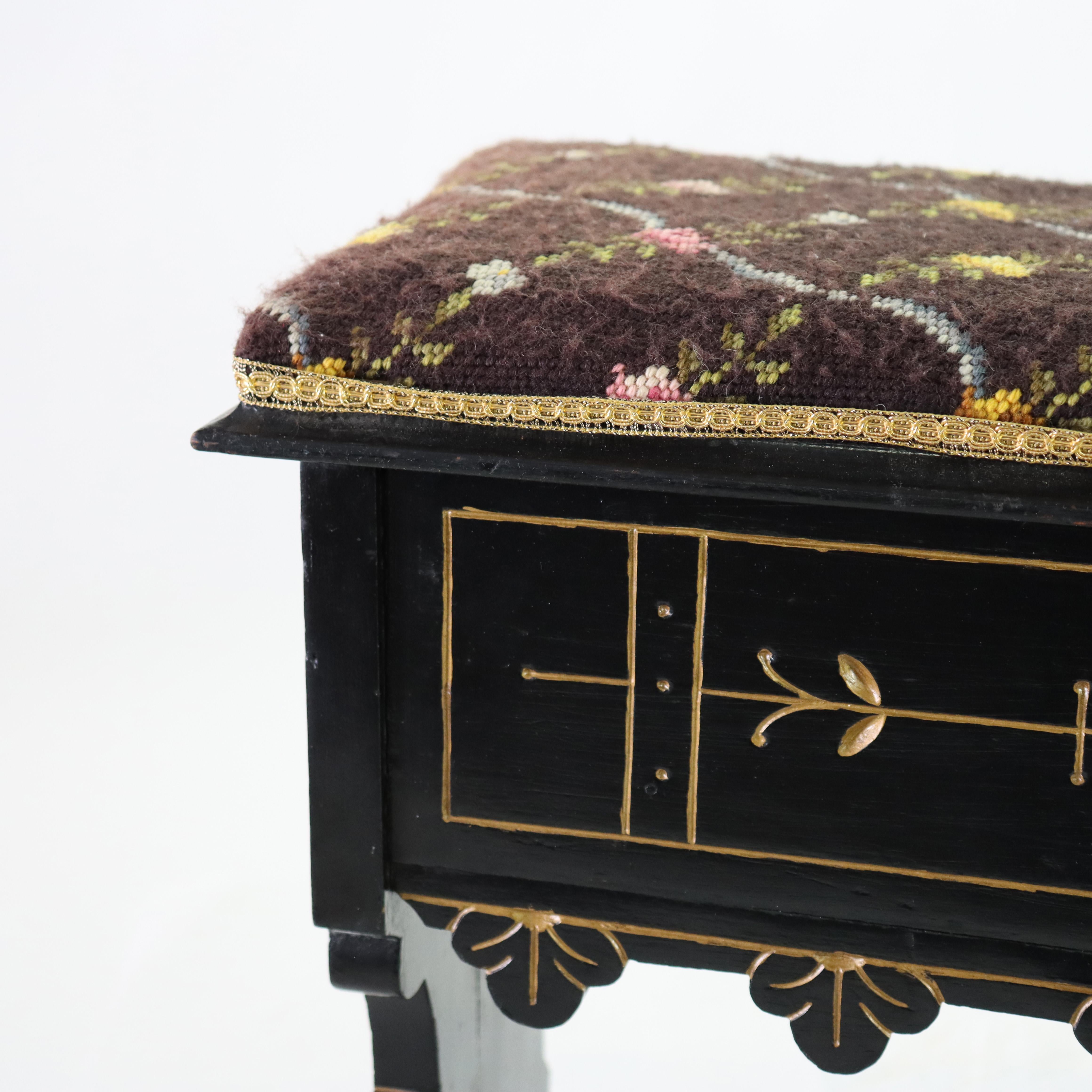 Upholstery Aesthetic Movement Ebonized & Gilt Needlepoint Footstool With Handpainted Panels For Sale