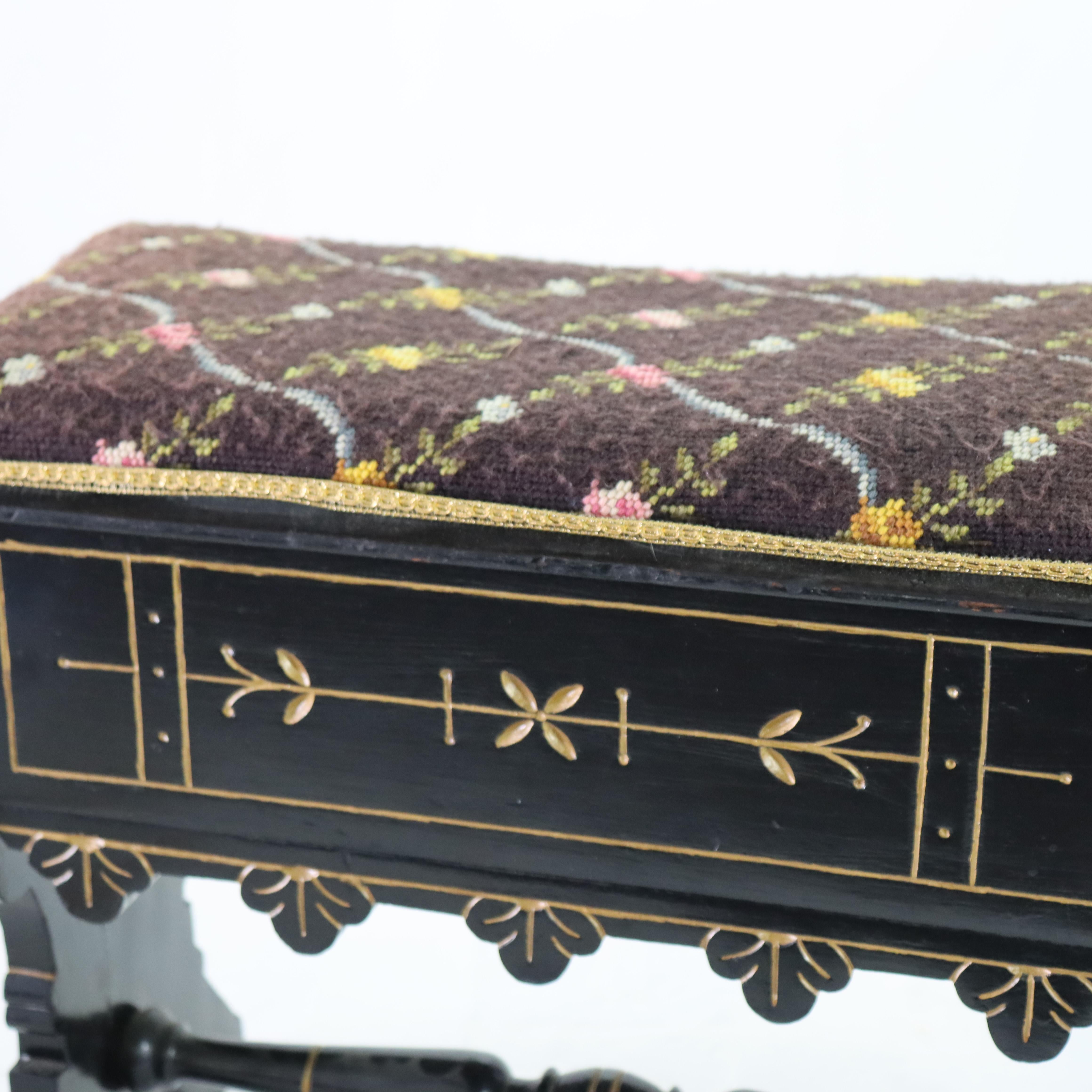 Aesthetic Movement Ebonized & Gilt Needlepoint Footstool With Handpainted Panels For Sale 1