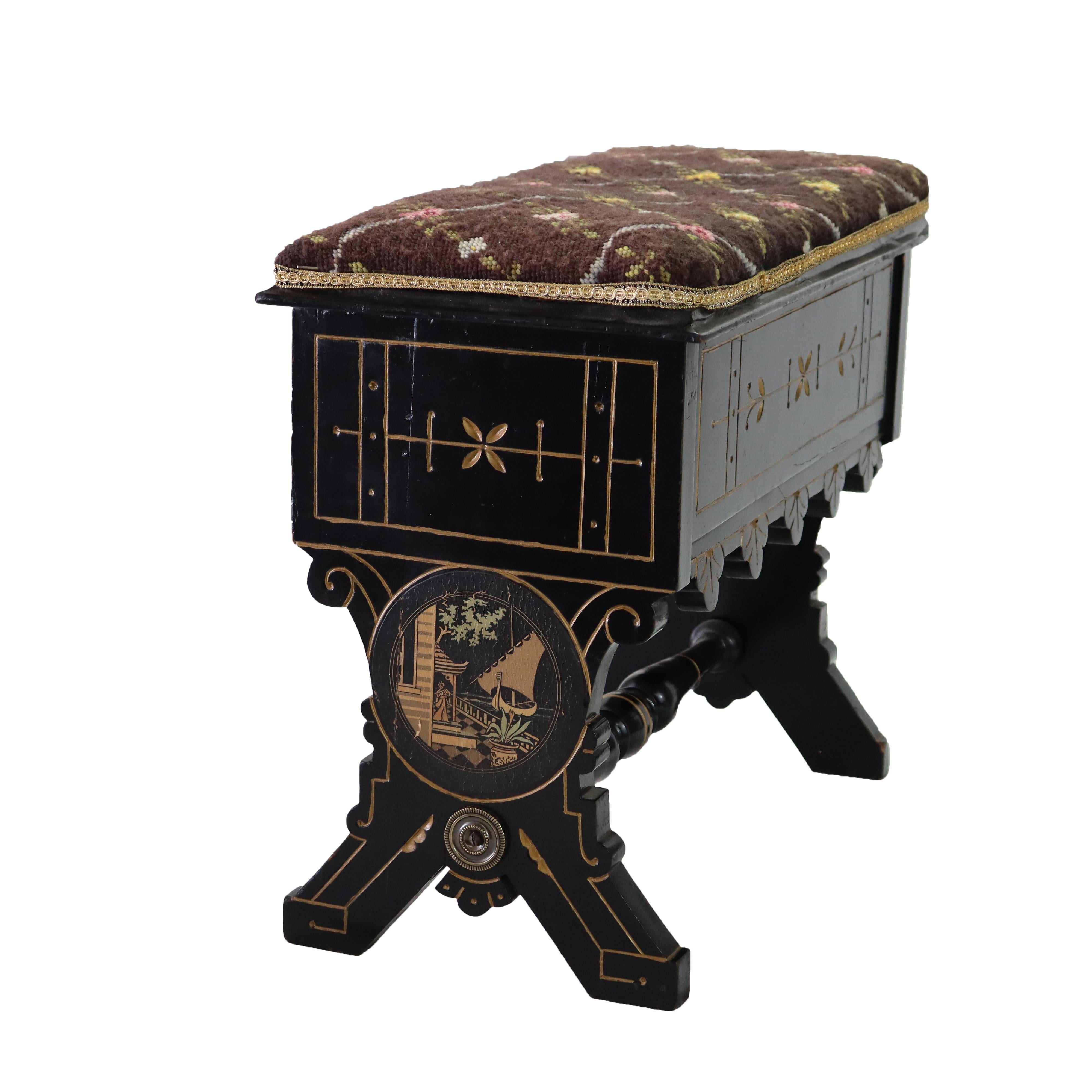 Aesthetic Movement Ebonized & Gilt Needlepoint Footstool With Handpainted Panels For Sale 3