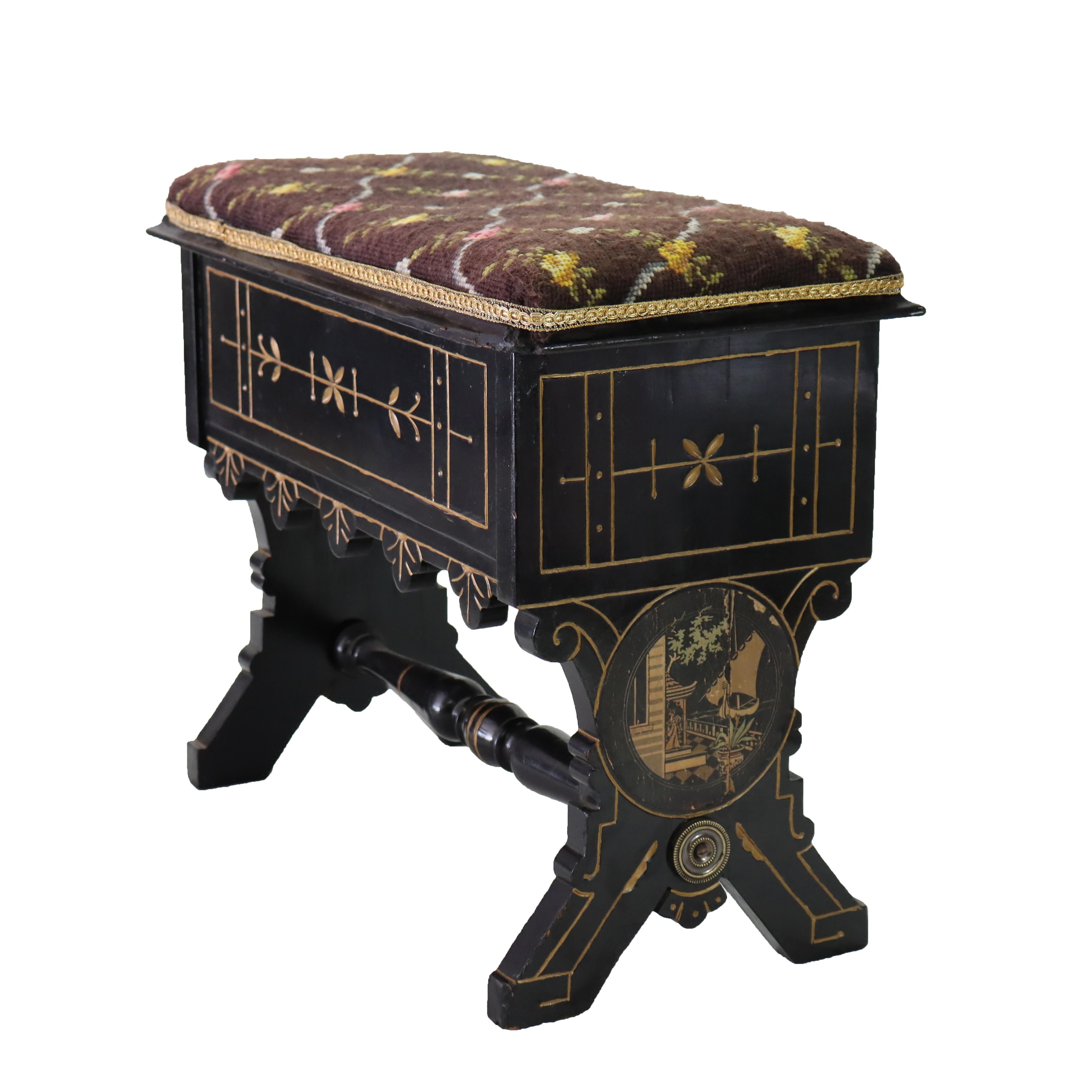 Aesthetic Movement Ebonized & Gilt Needlepoint Footstool With Handpainted Panels For Sale 4