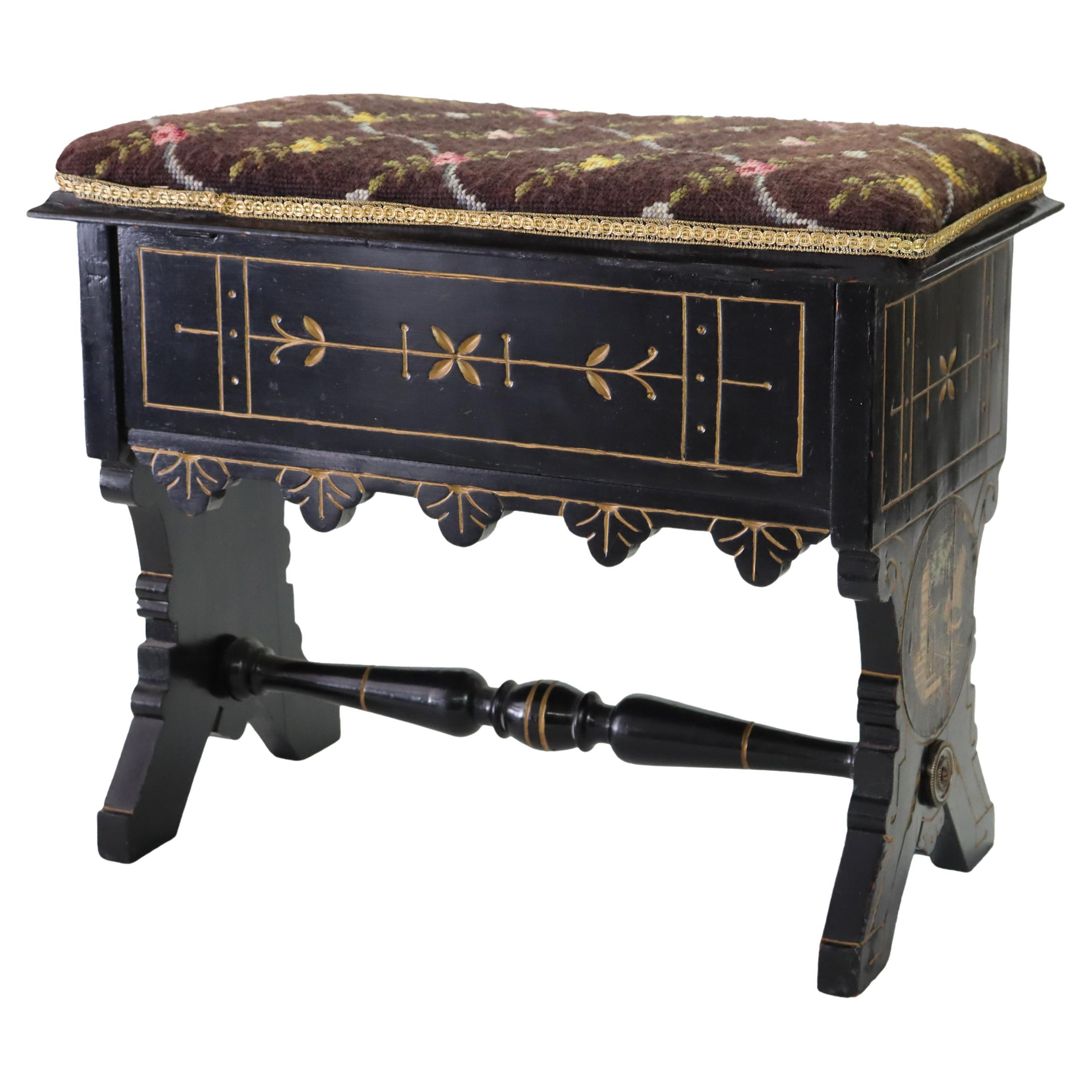 Aesthetic Movement Ebonized & Gilt Needlepoint Footstool With Handpainted Panels For Sale